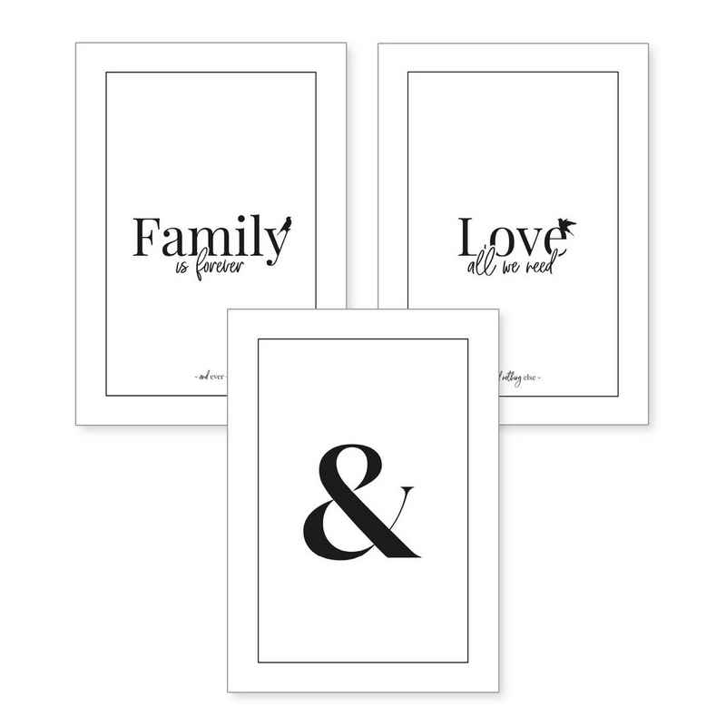 Kreative Feder Poster, Family, Love, Liebe, Familie, Schwarz-Weiß, Schrift (Set, 3 St), 3-teiliges Poster-Set, Kunstdruck, Wandbild, optional mit Rahmen, wahlw. in DIN A4 / A3, 3-WP082