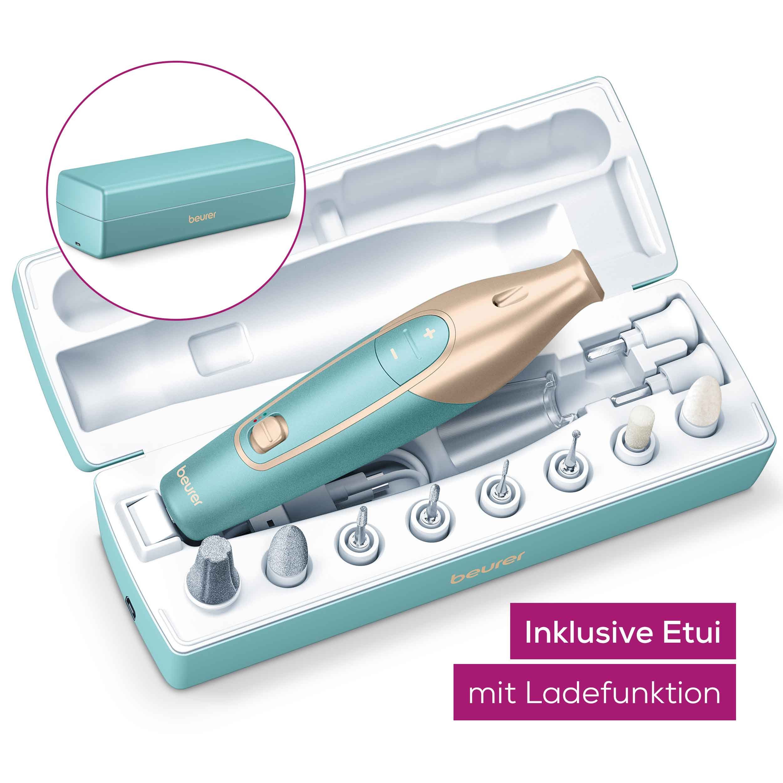 BEURER Maniküre-Pediküre-Set MP 84 elektrische Nagelfeile, kabellos mit Lade- und Aufbewahrungsetui, Mit 10 Aufsätzen, LED-Licht, Abschaltautomatik und Ladekontrollanzeige