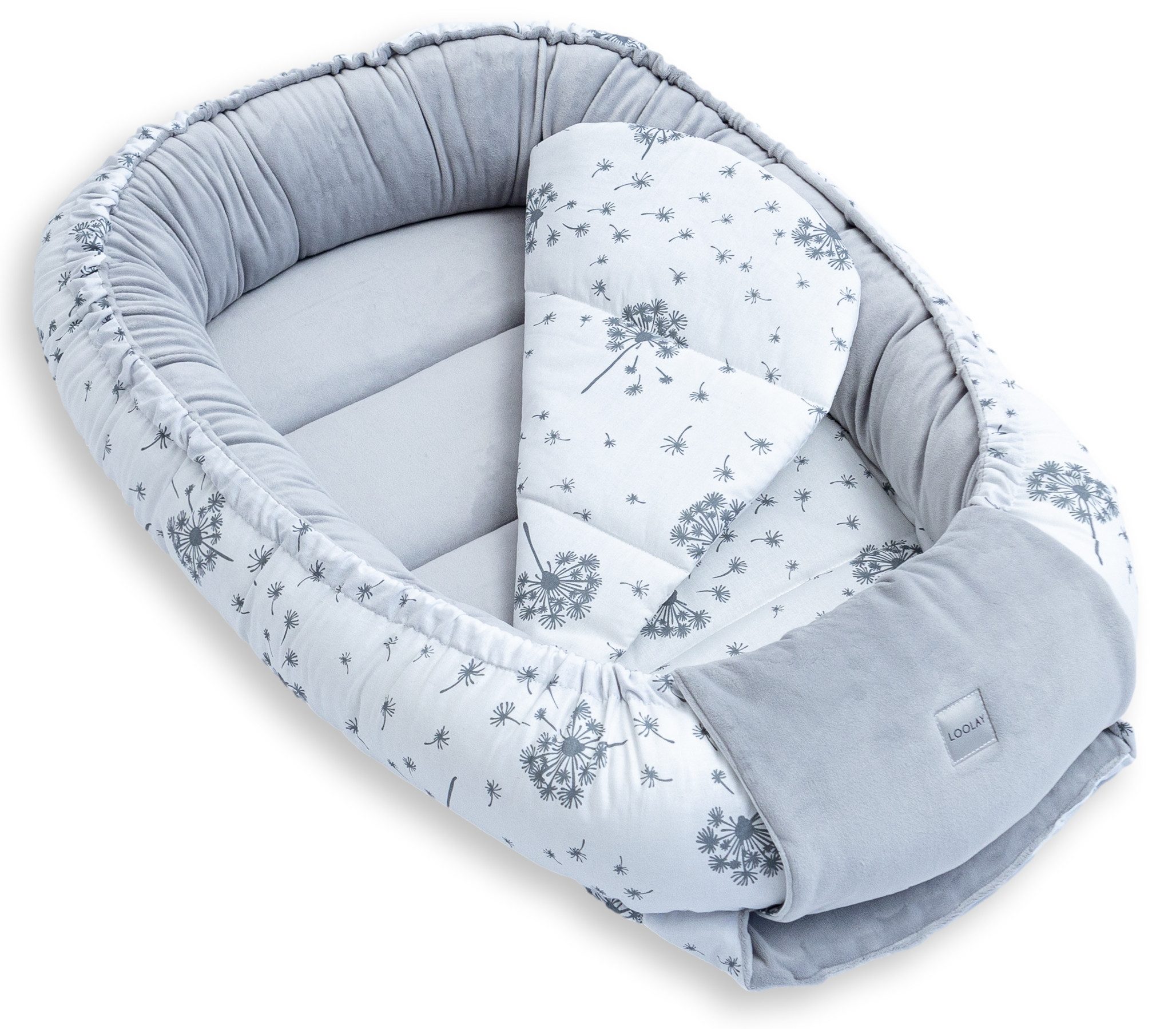 Loolay Kuschelnest BABYNEST 5 TLG. Set PREMIUM Babyausstattung Baumwolle & Samt Velours, (MUSTER: GRAU Samt Velour/ Pustelblume Weiß, 5-tlg., Liebevoll handgefe – Bild 5 von 5