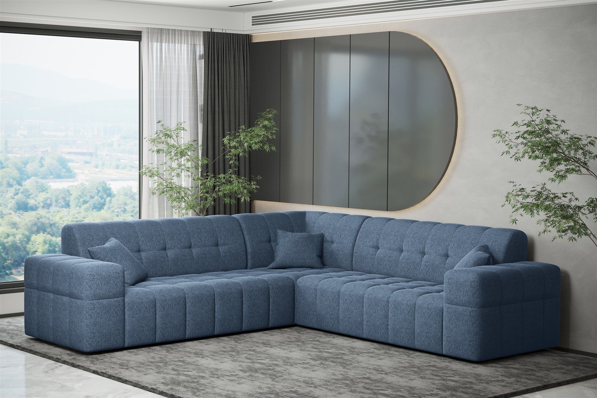 Fun Möbel Ecksofa Ecksofa Designersofa NANCY in Stoff Neve Seite Universal, Rundumbezug Blau