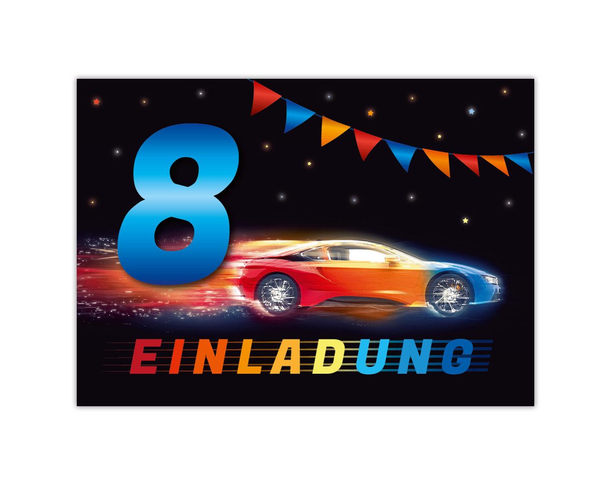 JUNAPACK Einladungskarten Auto zum 8. Kindergeburtstag Jungen Einladungen Rennauto Karten, Einladungskarten mit einem Auto Motiv zum 8. Geburtstag
