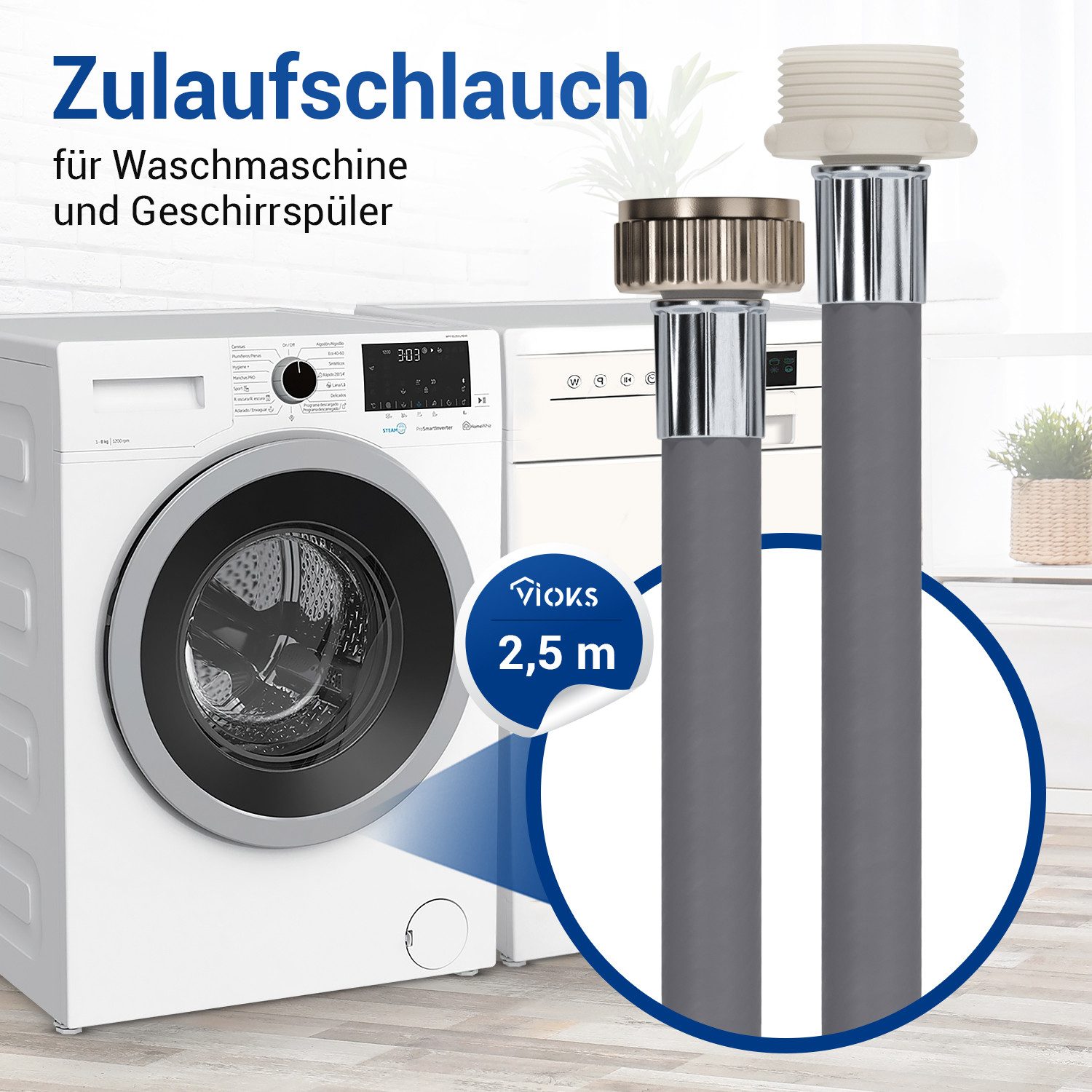 VIOKS Zulaufschlauch für Kaltwasseranschluss (25°C) 3/4 Zoll Anschlüsse, Zubehör für Waschmaschine, Geschirrspüler, (1,5 / 2 / 2,5 / 3 / 3,5 Meter)