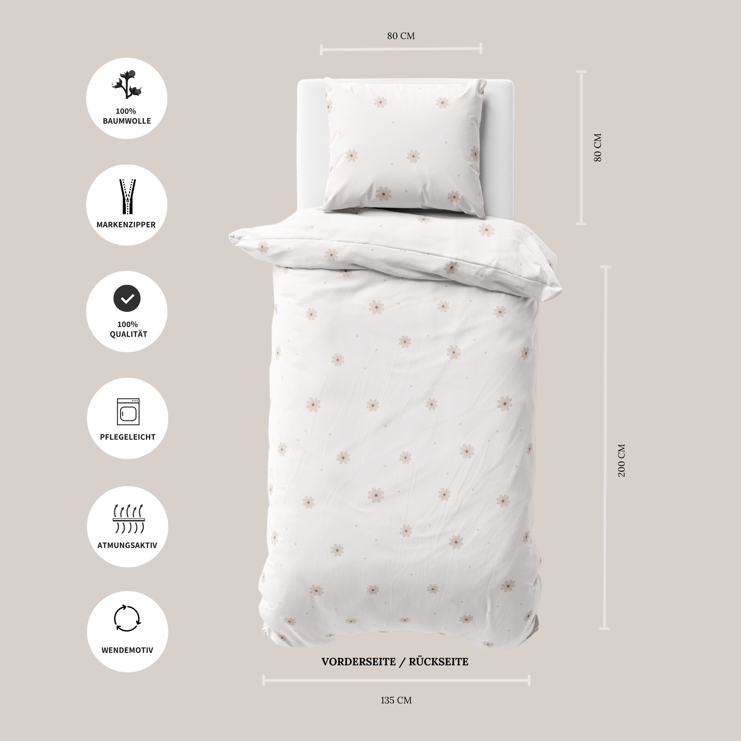MTOnlinehandel Bettwäsche Flower Power 135x200 + 80x80 cm in Renforcé, zarte Blümchen, 100% Baumwolle, 2 teilig, florales Design – zeitlos schön in Weiß und Bei – Bild 4 von 5