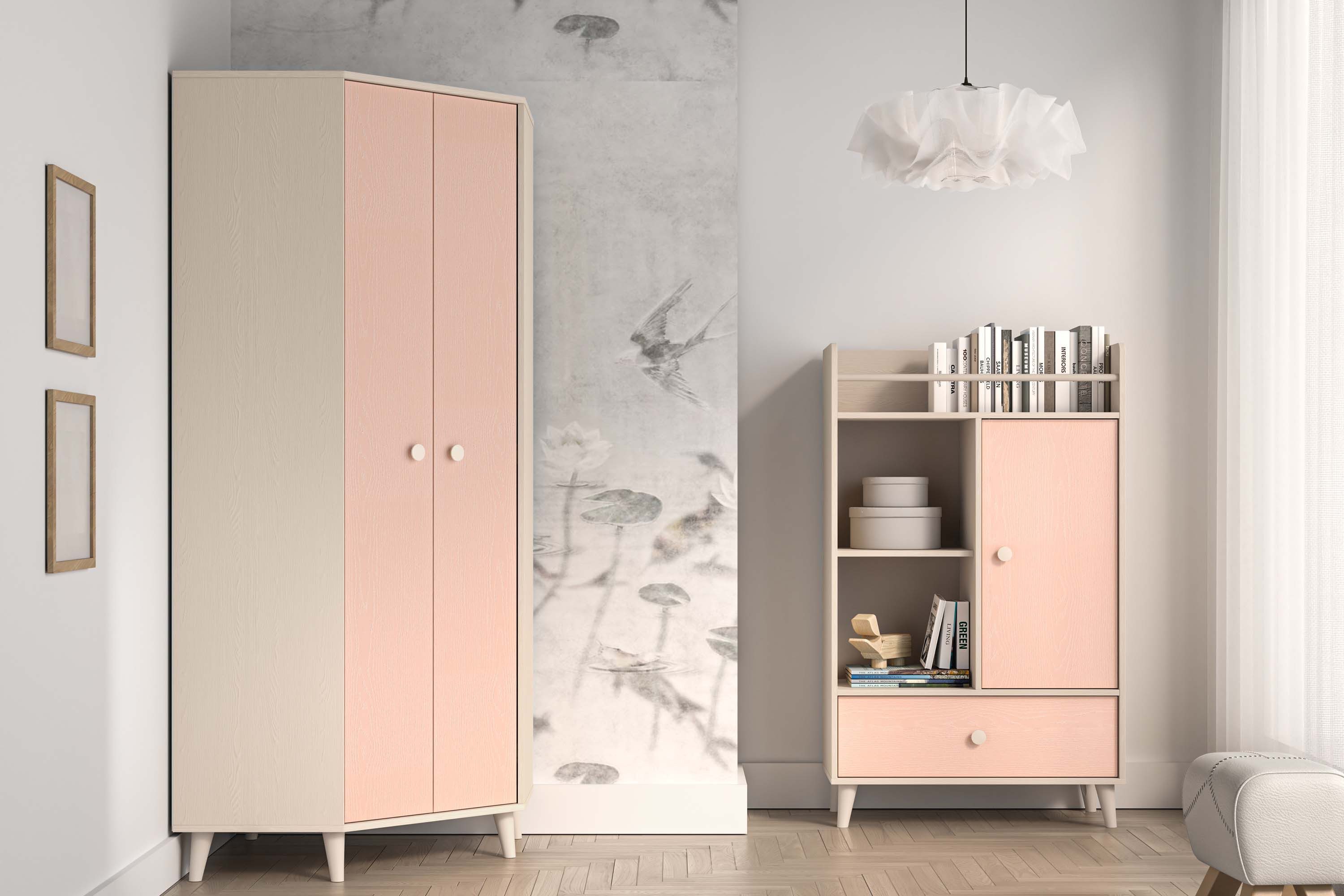 KONSIMO® Eckschrank PUNGI Eckkleiderschrank, Kinderzimmer, hergestellt in der EU Einlegeböden, Kleiderstangen, sanft schließend