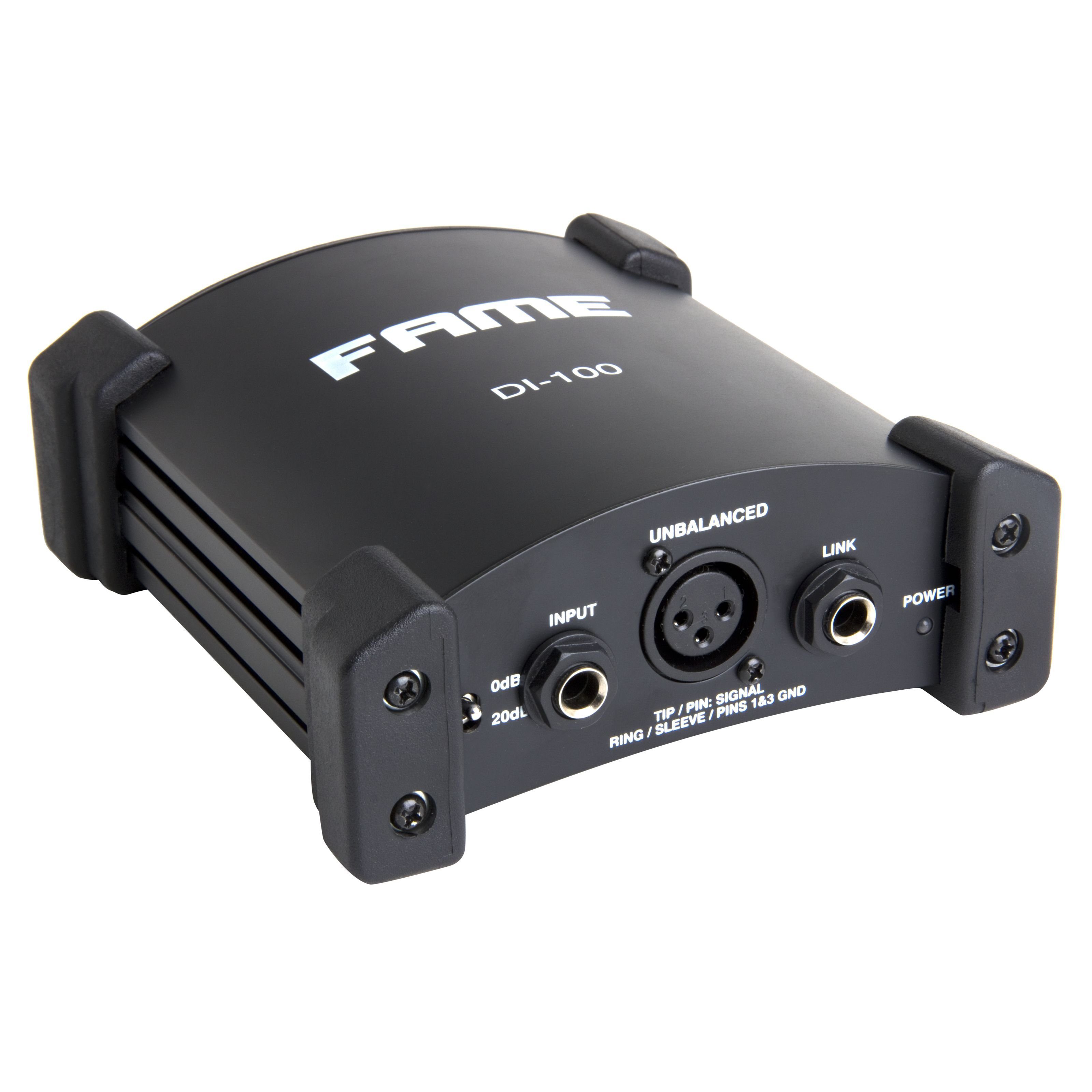 FAME Audio-Wandler, (Audio DI-100 Aktive DI-Box Hochwertige Signalverarbeitung 63mm Klinken XLR Input Link Output Eingangspegeldämpfung Symmetrischer XLR Output Ground-/Liftschaltung Batterie- oder Phantomspeisung, Zubehör, DI-Boxen), Aktive DI-Box, Hochwertige Signalverarbeitung, Symmetrischer XLR