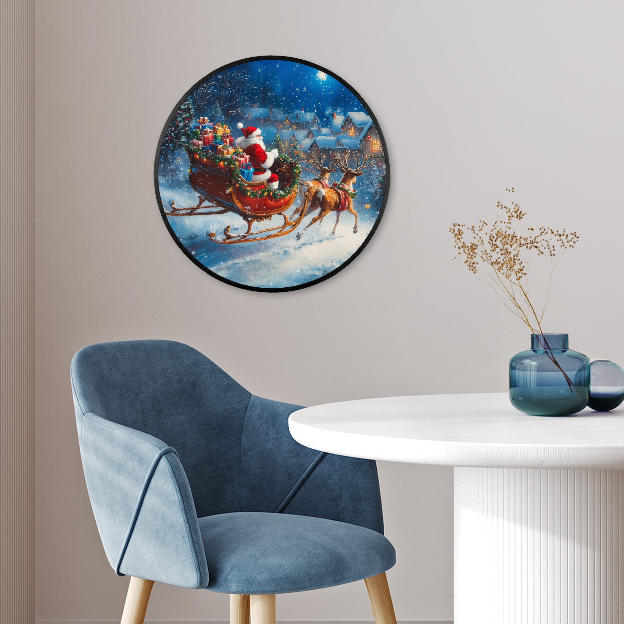 MuchoWow Poster Rund - Weihnachtsmann - Rentier - Weihnachten - Schnee, (1 St), Runde Wandbilder, Deko für Wohnzimmer und Schlafzimmer, 40x40 cm
