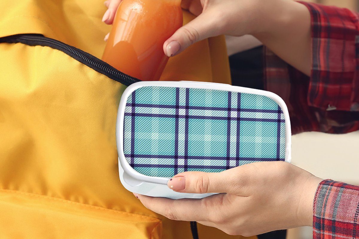 MuchoWow Lunchbox Kariert - (2-tlg), Kunststoff, für Muster Erwachsene, und und - Blau Schottisches - Kinder Mädchen Brotbox für Brotdose, Jungs weiß Karo