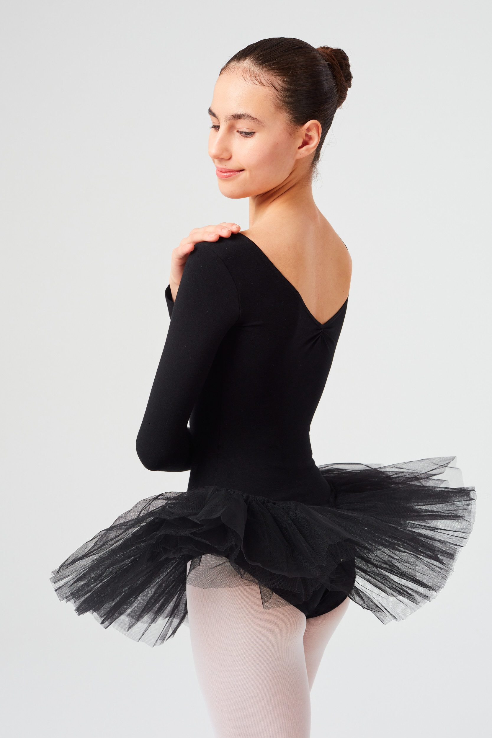 tanzmuster Tüllkleid Ballett Tutu Romy mit Glitzersteinen Langarm Ballettkleid aus weicher Baumwolle mit Tüllrock für Mädchen – Bild 2 von 5