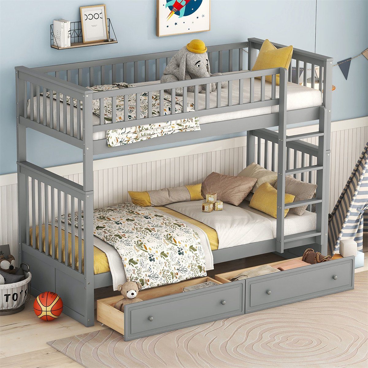 Etagenbett(90x200cm)Kinderbetten,Funktionelle mit Betten Doppel aus Schubladen(ETA:9.5)Rahmen Hochbett Cabrio-Betten,Etagenbett autolock Kiefer Grau