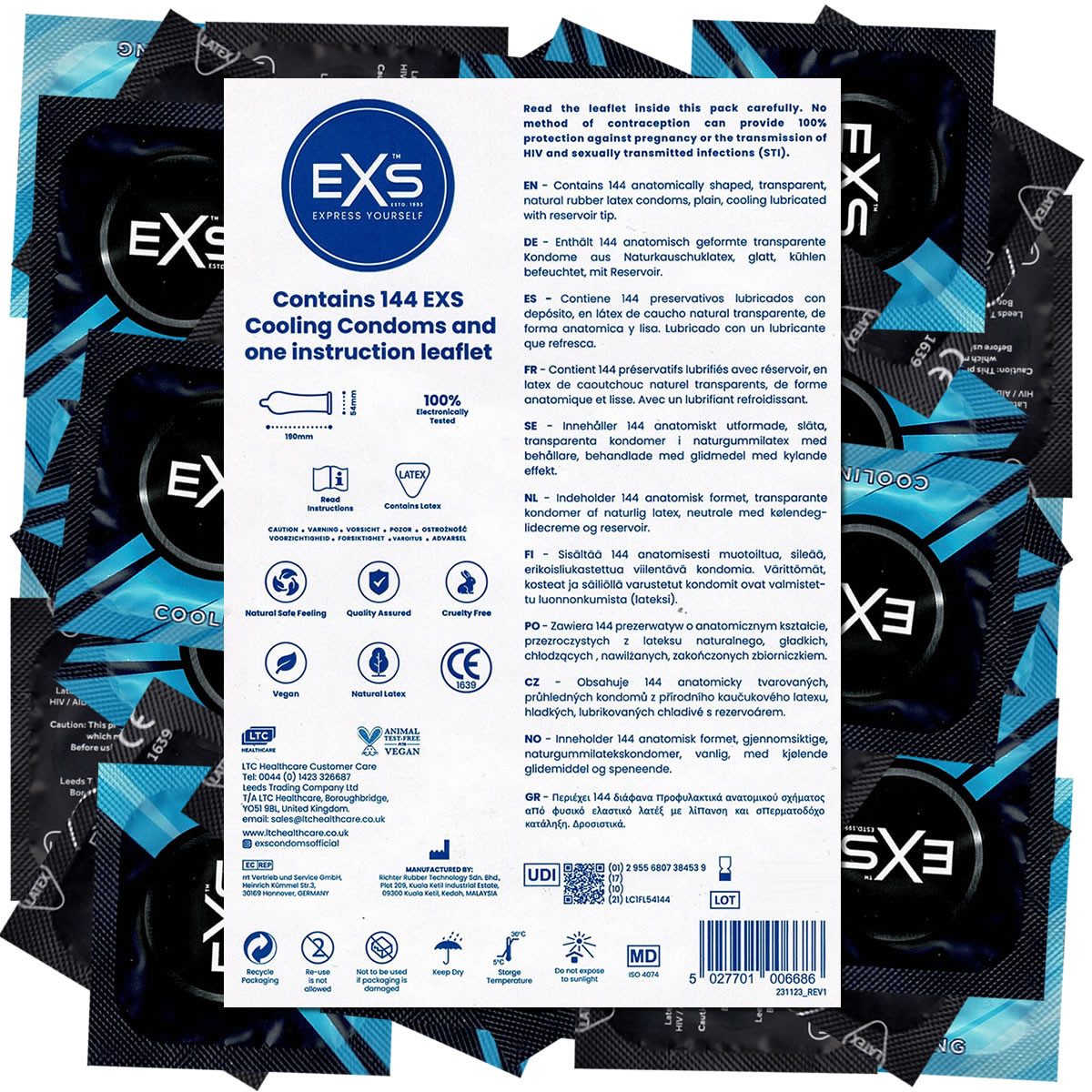 EXS Kondome Cooling - prickelnde, kalte Kondome Packung mit, 144 St., aktverlängernde Kondome, erfrischende Kondome mit Kälte-Effekt