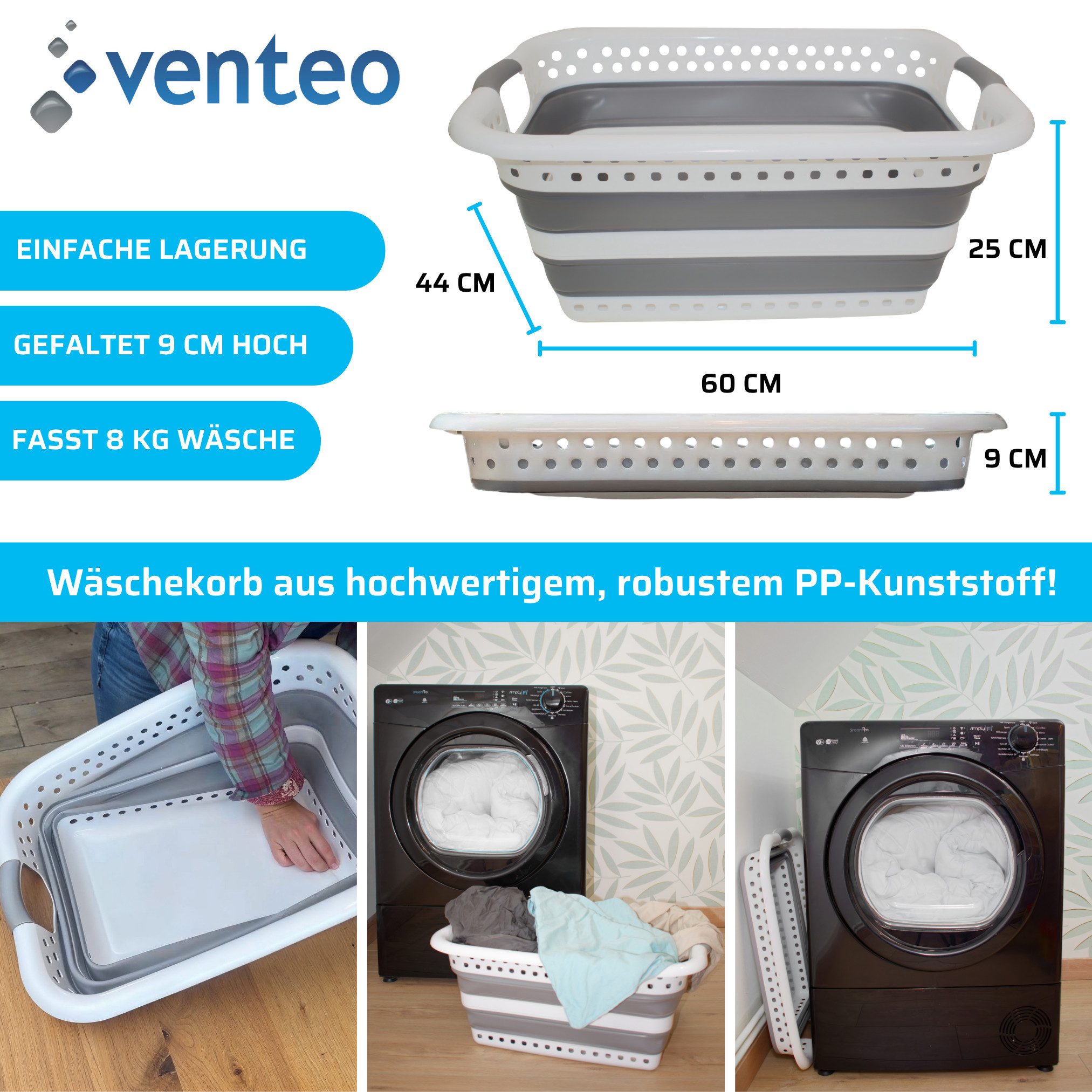 Venteo Ausziehwäschekorb Foldable Container (Spar Set, 1 St., 1er oder 2er Pack), Wäschekorb, einziehbar, 40 L, 60x44x25 cm