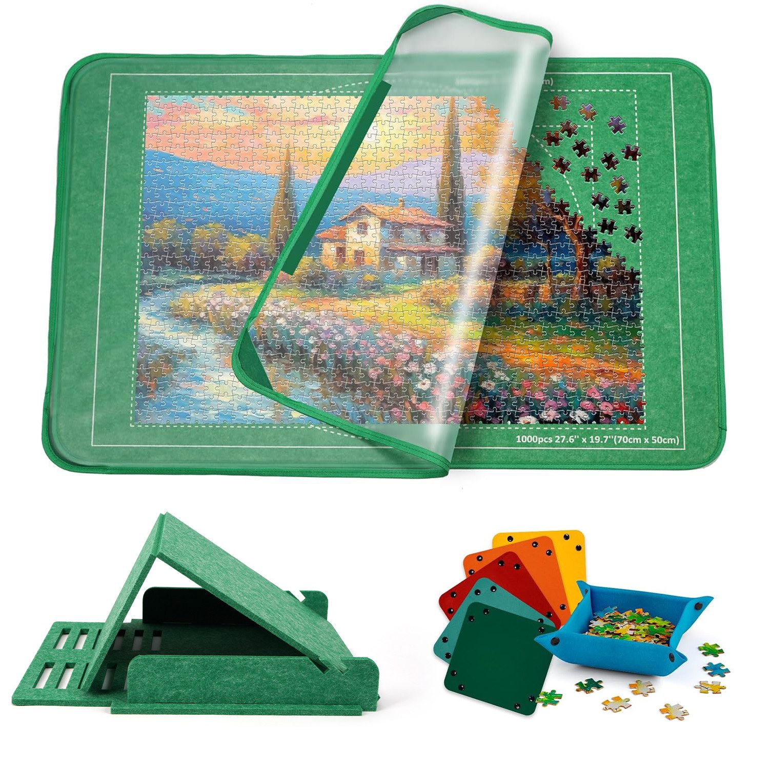 OSTWOLKE Puzzleunterlage Puzzlebrett mit 6 Sortierschalen, 2-in-1 Puzzleständer & Abdeckung, für 1000 Teile