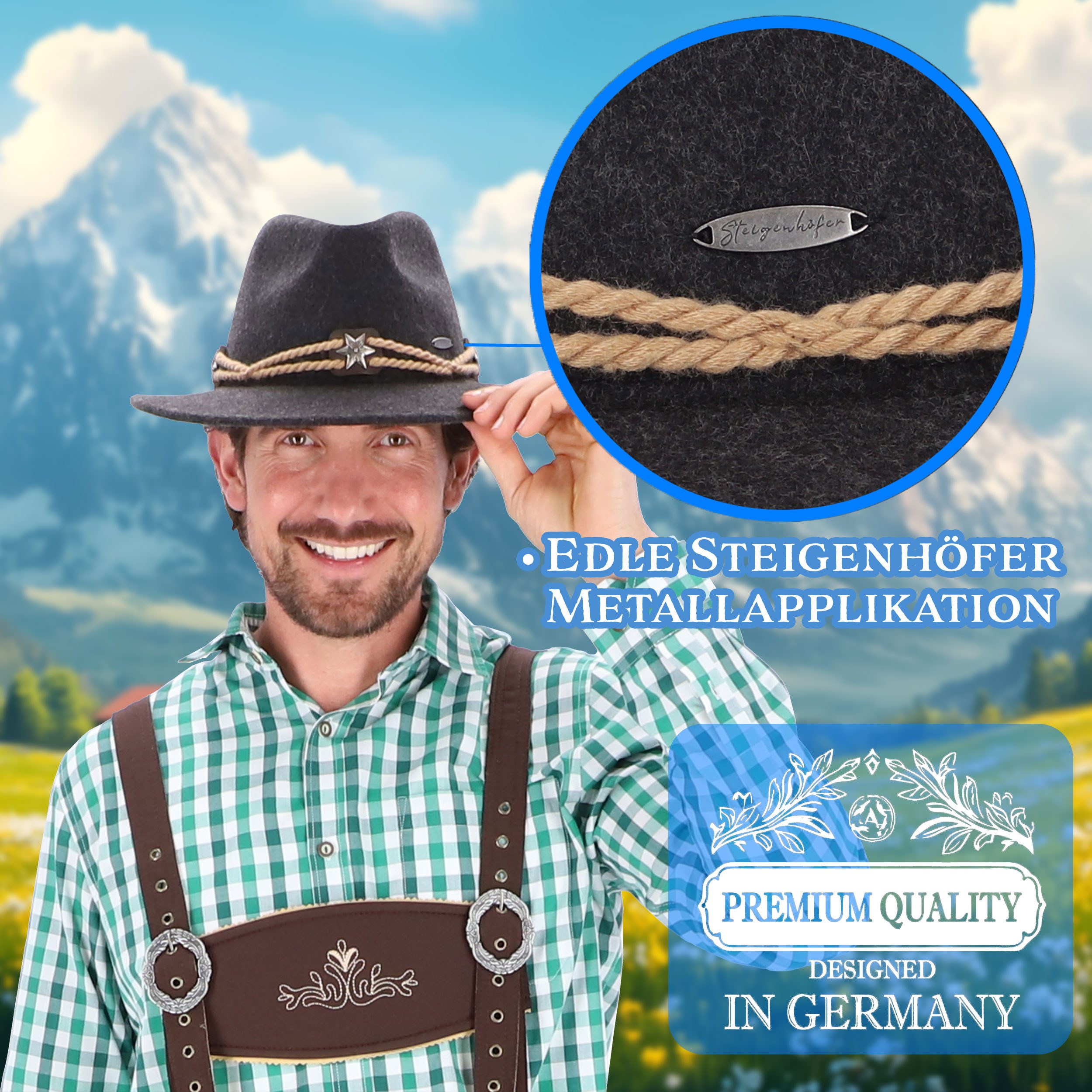 Steigenhöfer Manufaktur Trachtenhut Herren Georg - bayrischer Wanderhut Tiroler Art aus 100% Schurwolle Größenverstellbar und integriertes Schweißband, Ideal fü – Bild 4 von 5