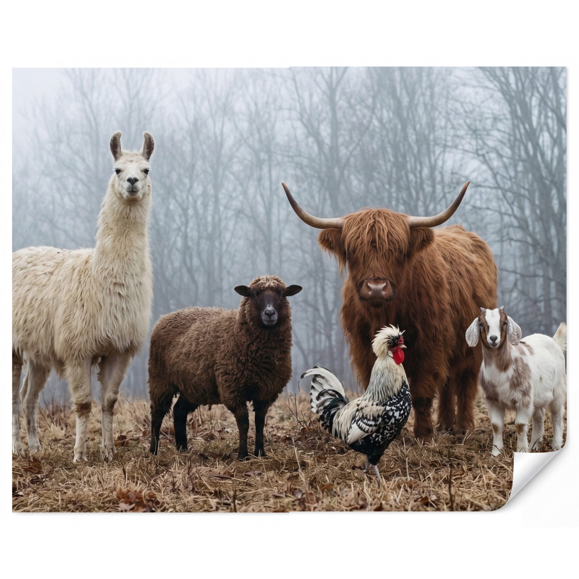 OnlyWow Fototapete Bauernhoftiere - Gruppe - Nebel - Natur - Rustikal, Matt, bedruckt, Wandtapete, Wohnzimmer, Vinyl Tapete 260x220cm