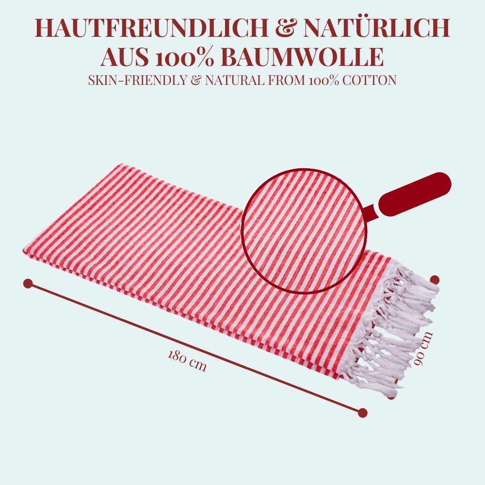 Strandtuch, rot leichtes Baumwolle Fouta Packmaß Hamam sehr x kleines für Hamamtuch extrem Handtuch 90 180 Handtuch Backpacker cm leichtes Carenesse Streifen (1-St), Pestemal