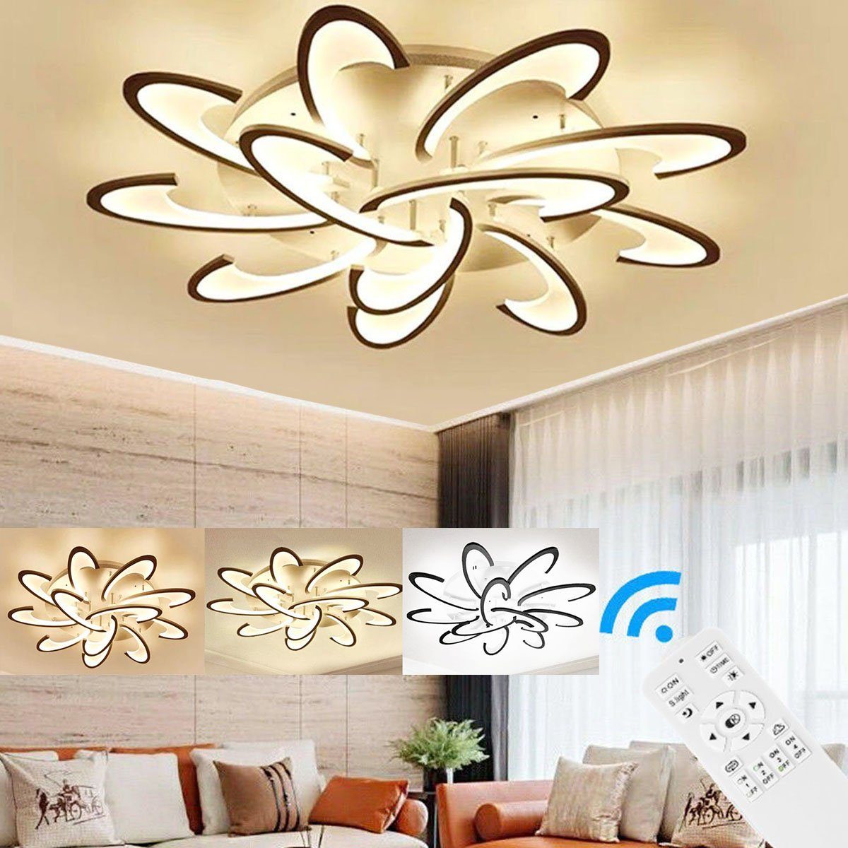LETGOSPT Deckenleuchte LED Deckenleuchte Dimmbar 7200LM warmweiß integriert, Blumen-Design 120W Modern fest Wohnzimmerlampe LED neutralweiß, Fernbedienung mit aus LED kaltweiß Schlafzimmerlampe Deckenlampe, Metall