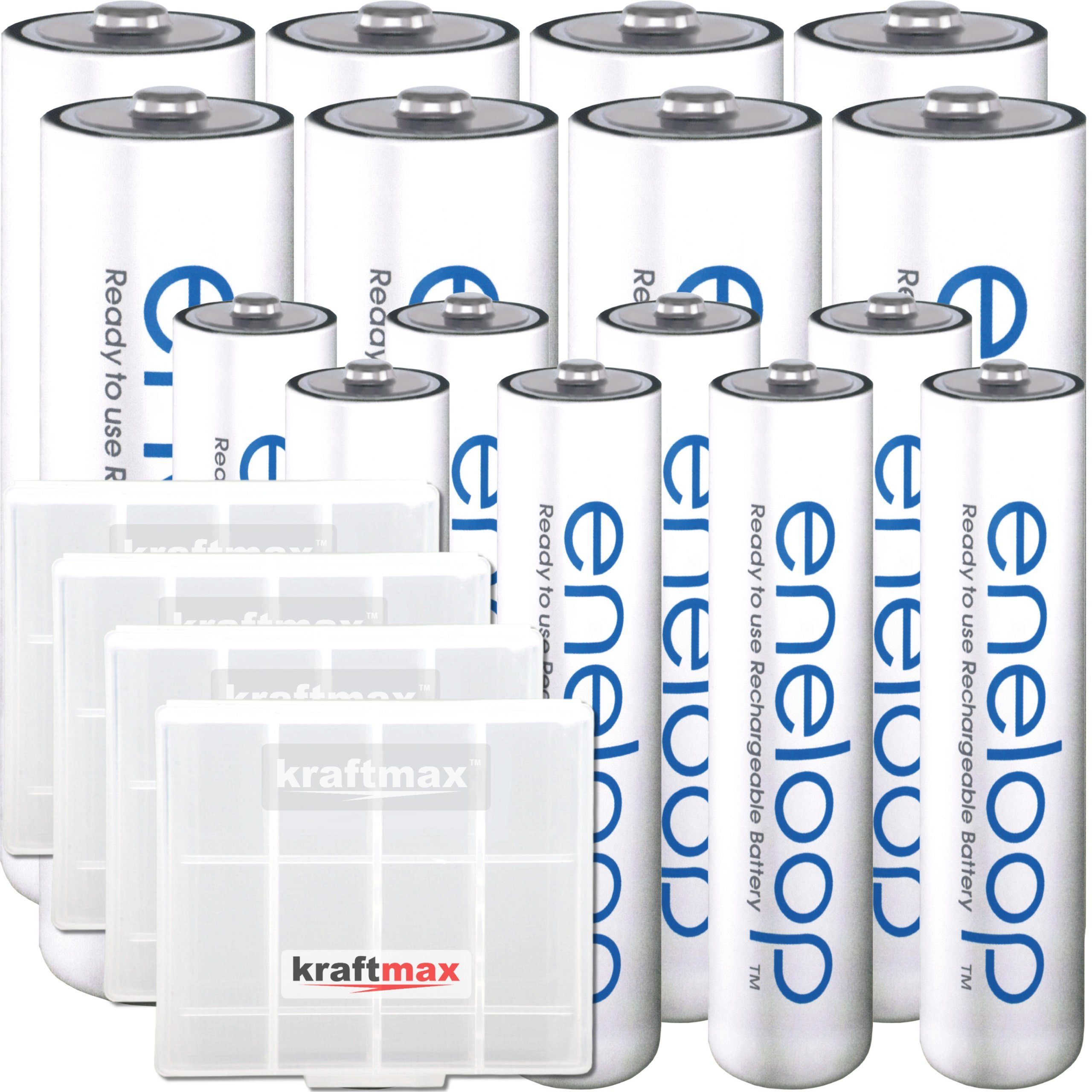 kraftmax 16er Kombipack Panasonic Eneloop Akkus 8 AA 8 AAA Kraftmax Akkuboxen Akku Panasonic Eneloop 8x AA + 8x AAA (1,2 V, 1 St), Umweltfreundlich, ohne Cadmium, Blei oder Quecksilber