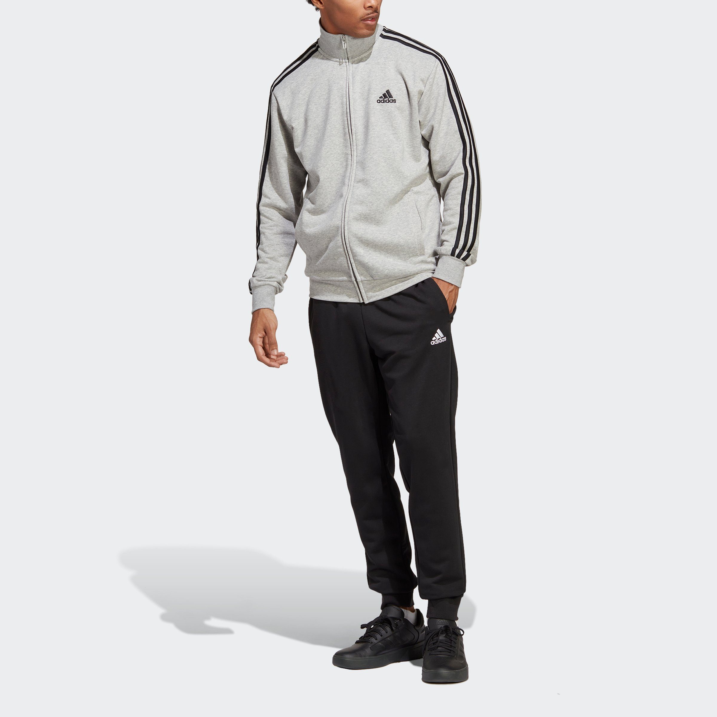 Sportswear (2-tlg) adidas Trainingsanzug Grey Black Medium BASIC FRENCH Heather 3-STREIFEN TERRY /