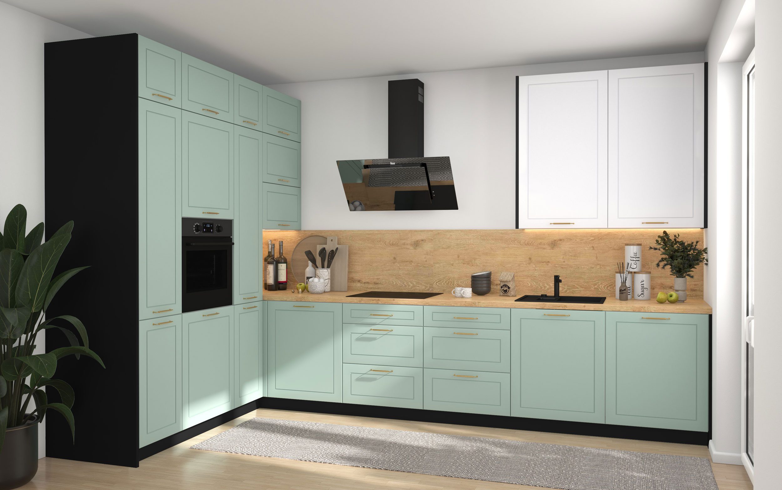 Feldmann-Wohnen Winkelküche Bari, (16-teilig, inklusive Abschlussrahmen, Blum Teilauszug), 202x347cm Blum Teilauszug