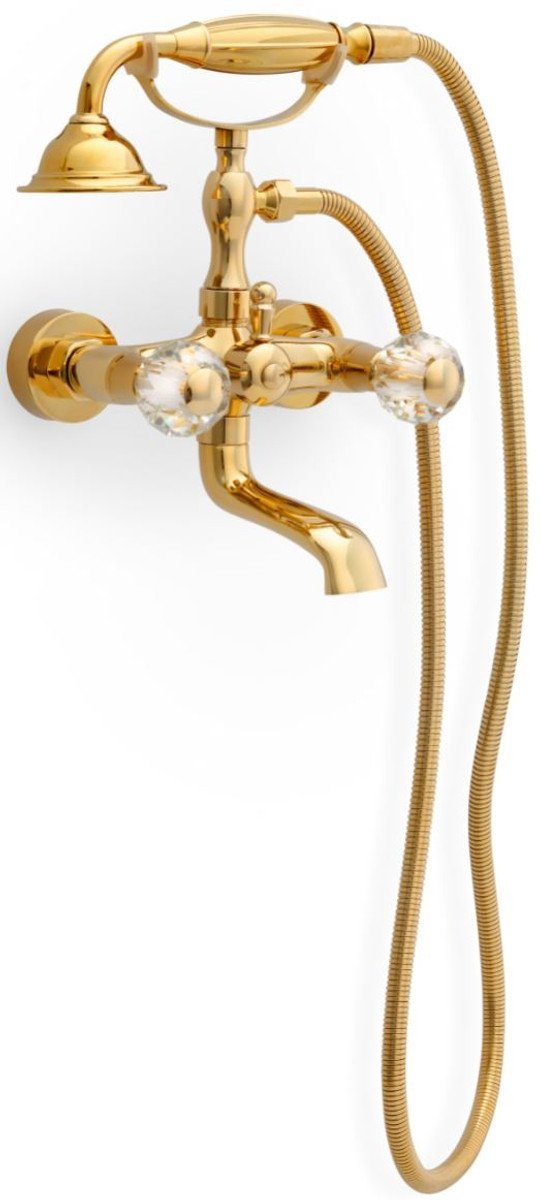 Casa Padrino Wannenarmatur Luxus Jugendstil Wannenbatterie mit Schlauch und Handbrause Gold - Badewannen Armatur mit Kristallglas - Nostalgisches Bad Zubehör