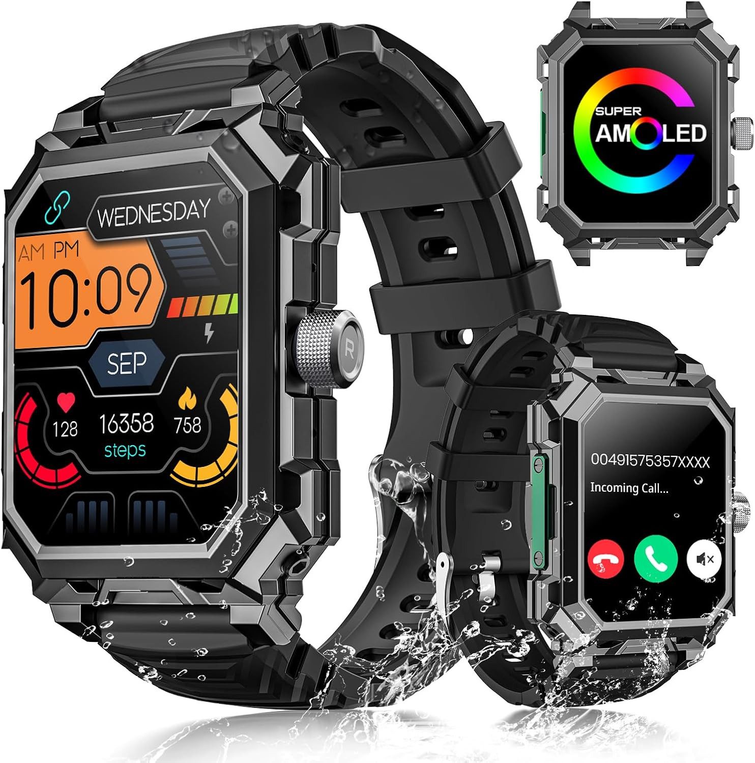 Rogbid S3P Smartwatch (5,2 cm, Android iOS), Militär Smartwatch Herren mit AMOLED Display, 120 Sportmodi, 5ATM