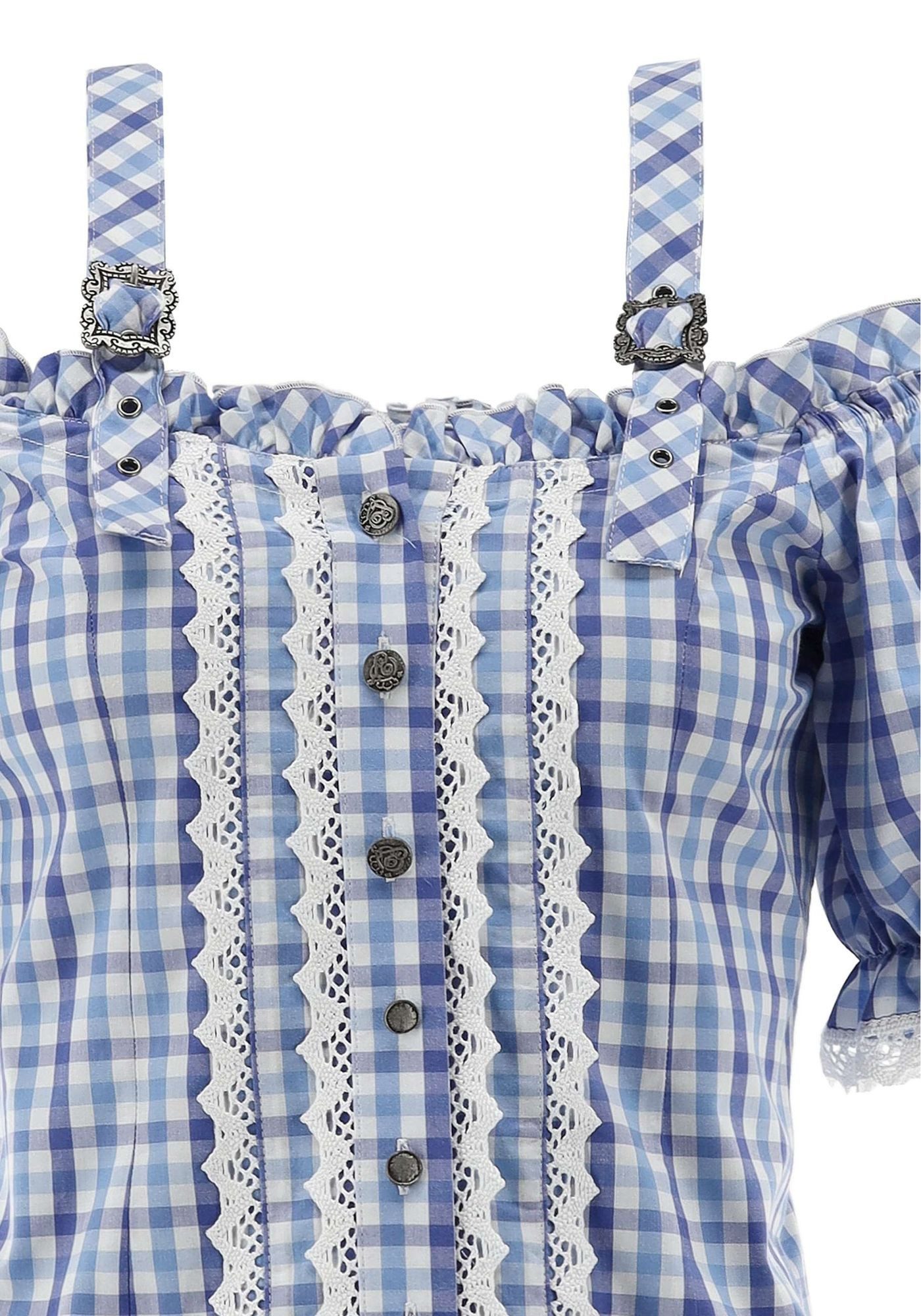 OS Trachten Trachtenbluse Batoya Tailliert, Träger mit Schnallen, 1/2-Arm, Puffärmel, Spitze, Rüschen