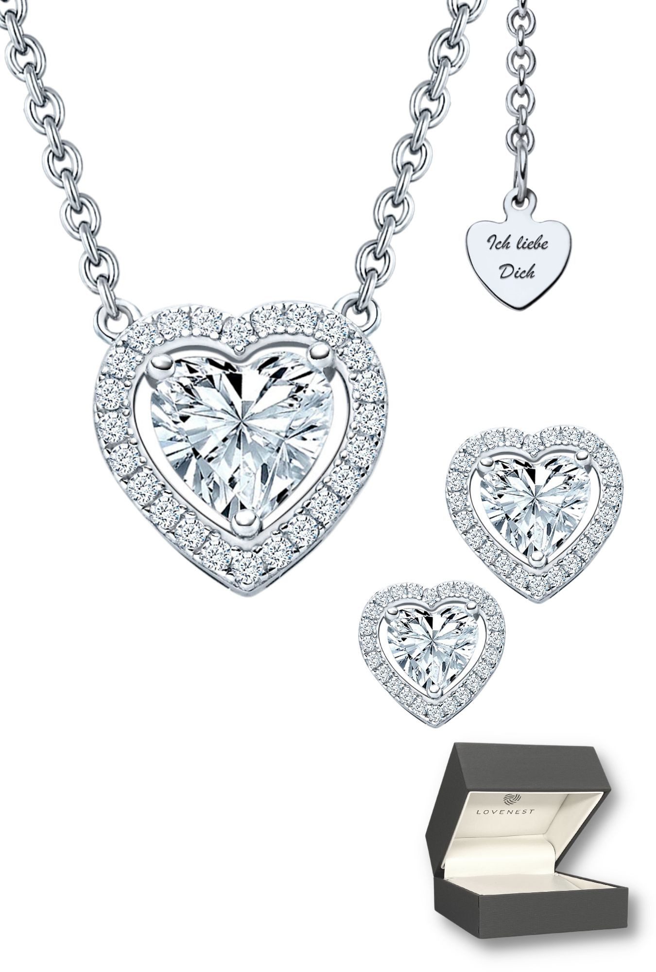 LOVENEST Schmuckset Schmuck Set Damen Silber 925 Herz 3tlg Kette Ohrringe Ich Liebe Dich (Set)