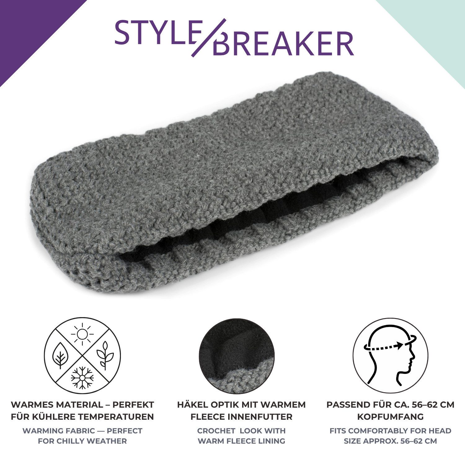 styleBREAKER Stirnband Einfarbiges Stirnband in feiner Häkel Optik (1-St)