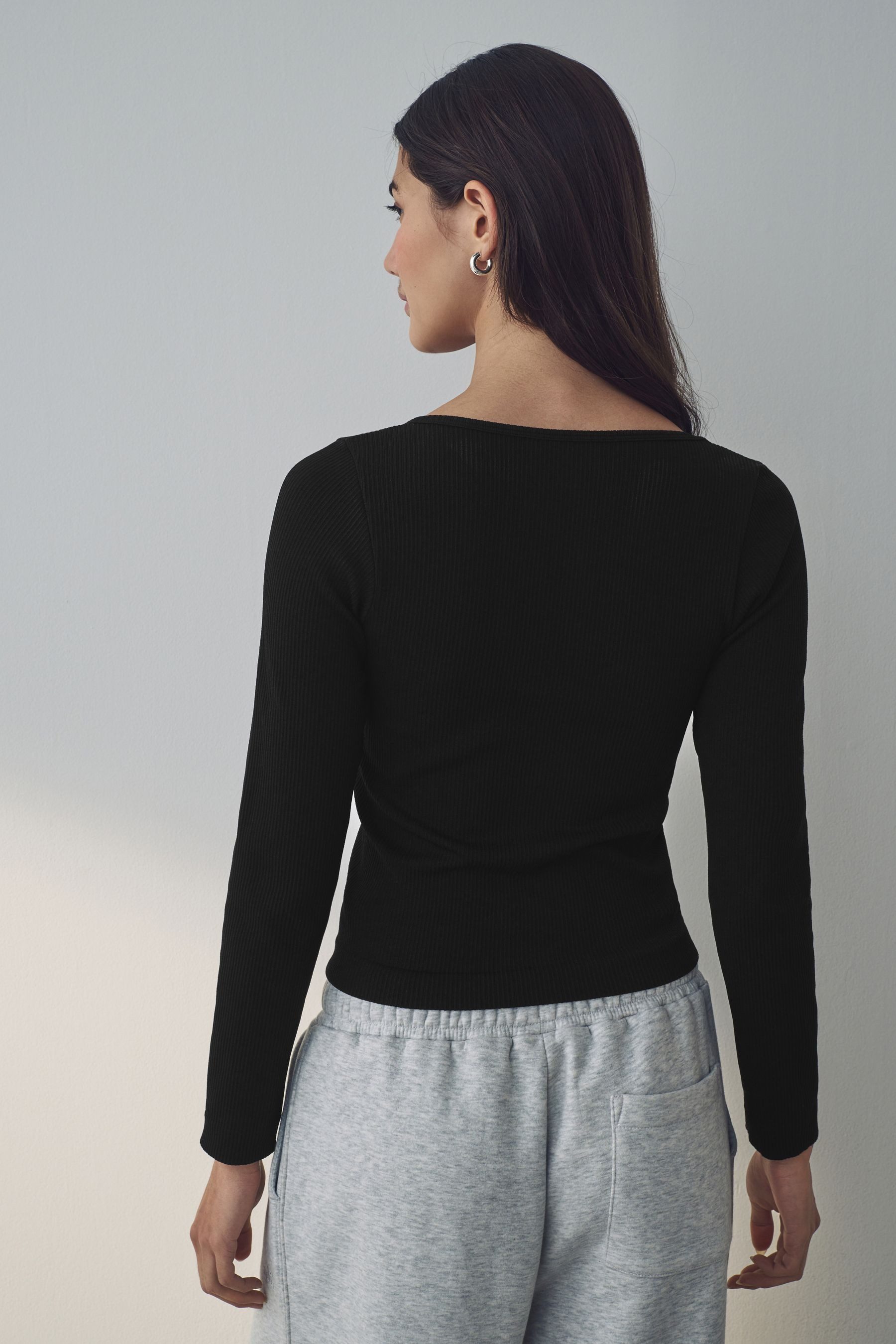 Next Langarmshirt Geripptes Langarmtop mit tiefem günstig online kaufen