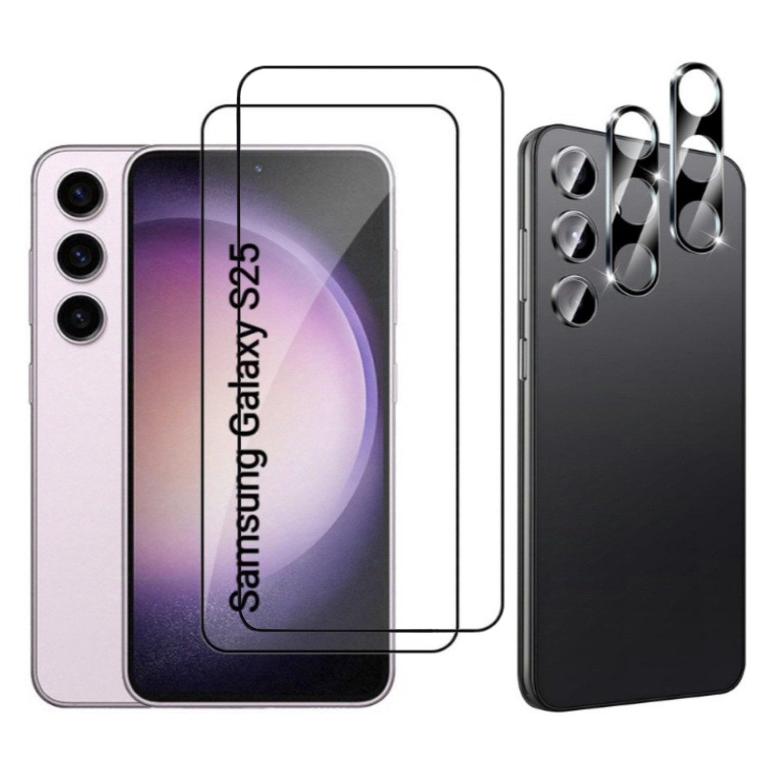 CLM-Tech Displayschutzglas 2X für Samsung Galaxy S25 Panzerfolie 2X Kameraschutz für Samsung Galaxy S25 6,17 Zoll, 4er Set Kameraglas Panzerglas Displayschutz 9H Glas Folie, 4 Stück, Unterstützt Fingerabdruck-ID