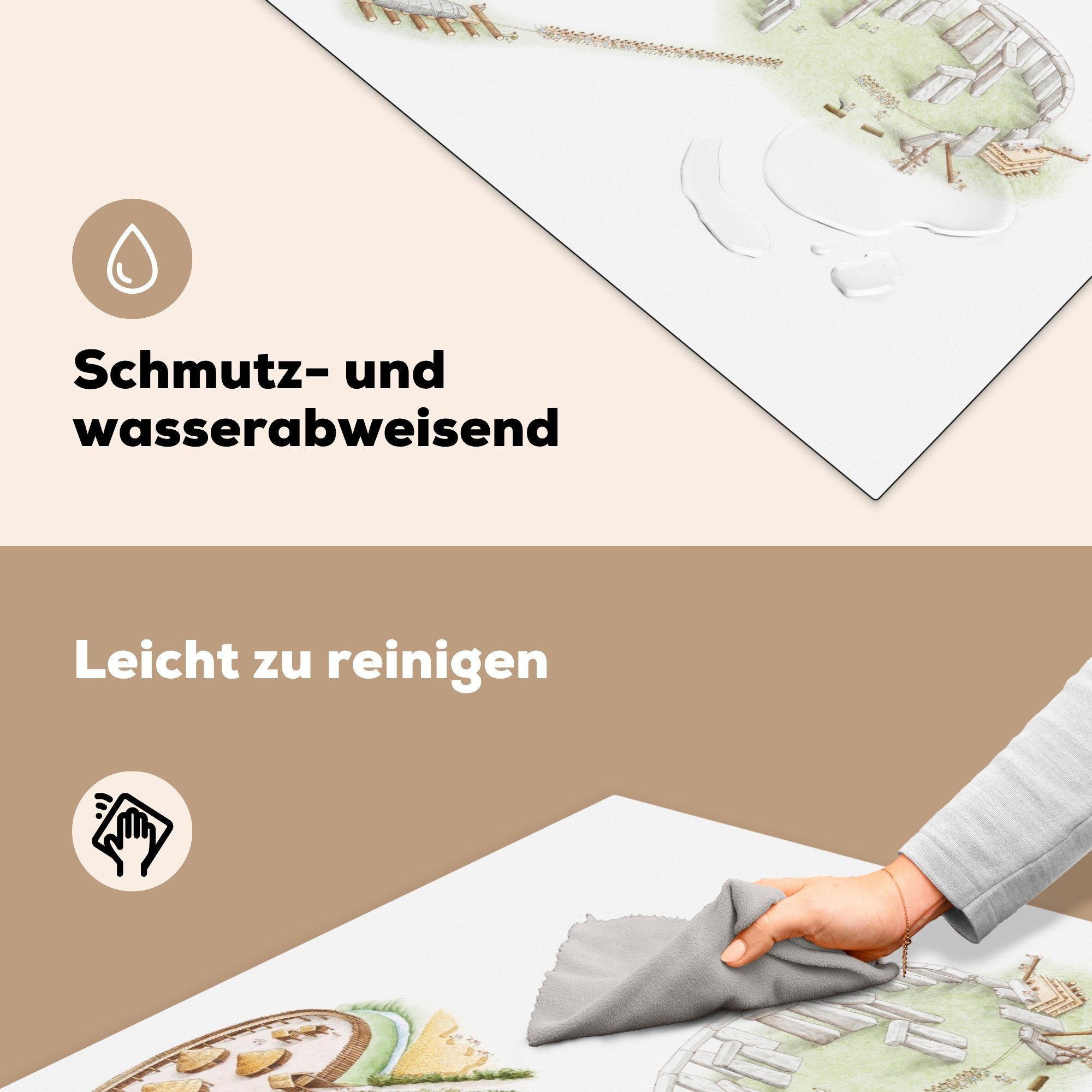 (1 tlg), Arbeitsplatte 78x78 Ceranfeldabdeckung, Stonehenge, küche Eine cm, von eines für Illustration MuchoWow Dorfes und Vinyl, Herdblende-/Abdeckplatte