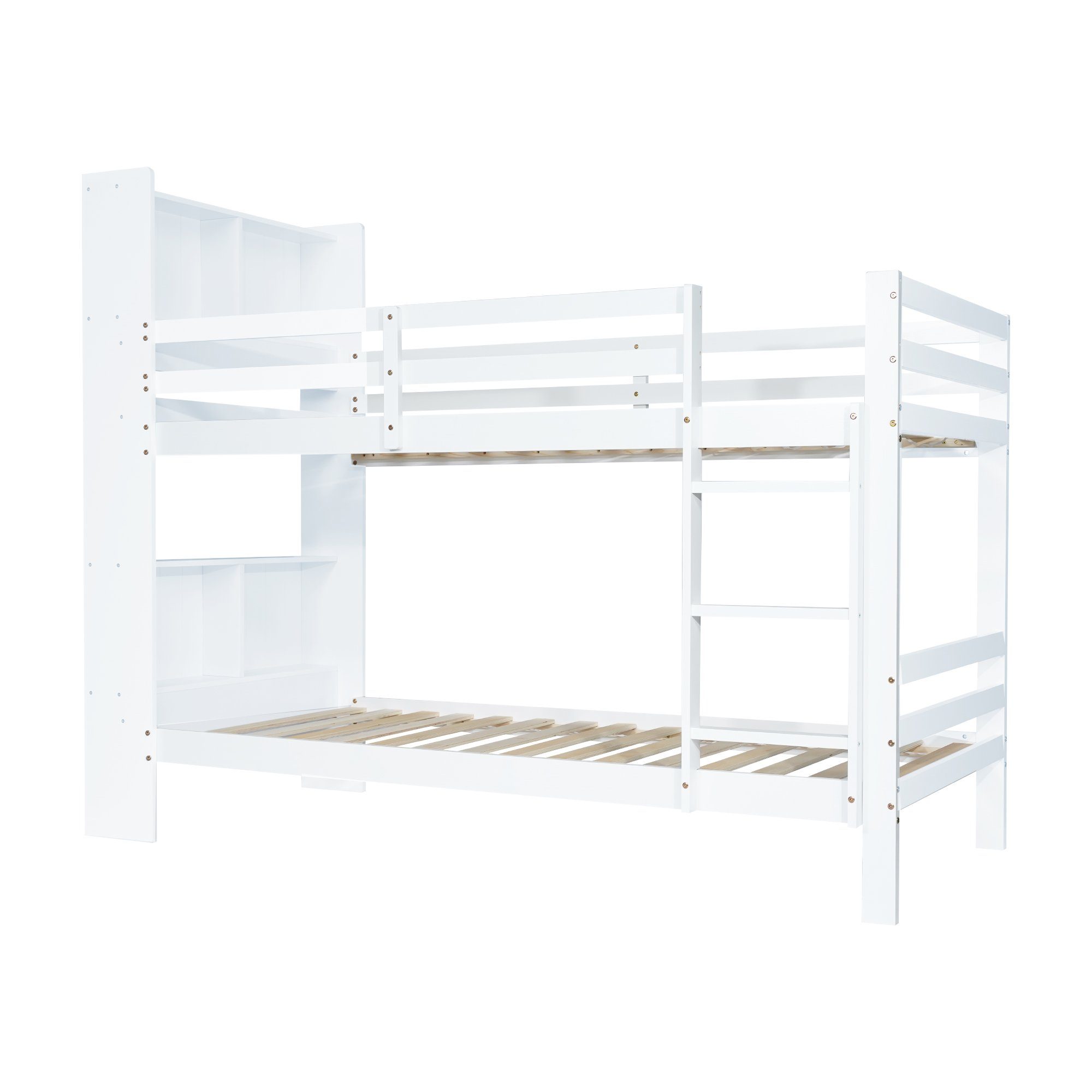 Etagenbett, Hochbett Kinderbett 90x200 cm mit Lattenrost, Leiter und Regale