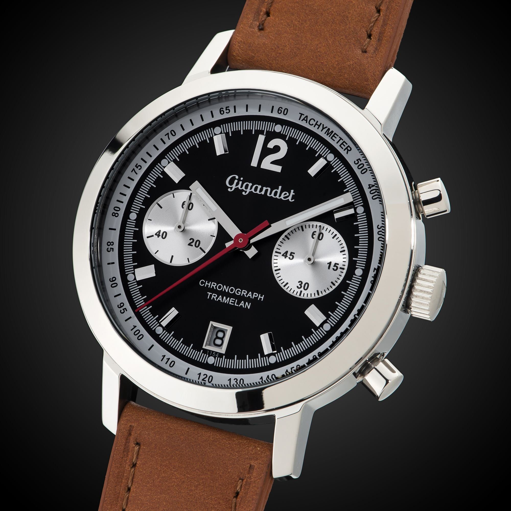 Gigandet Chronograph Armbanduhr, Herrenuhr, Sportuhr, 43mm, TRAMELAN G10-006, Mineralglas, Datumsanzeige, Lederband, 10bar/100m wasserdicht