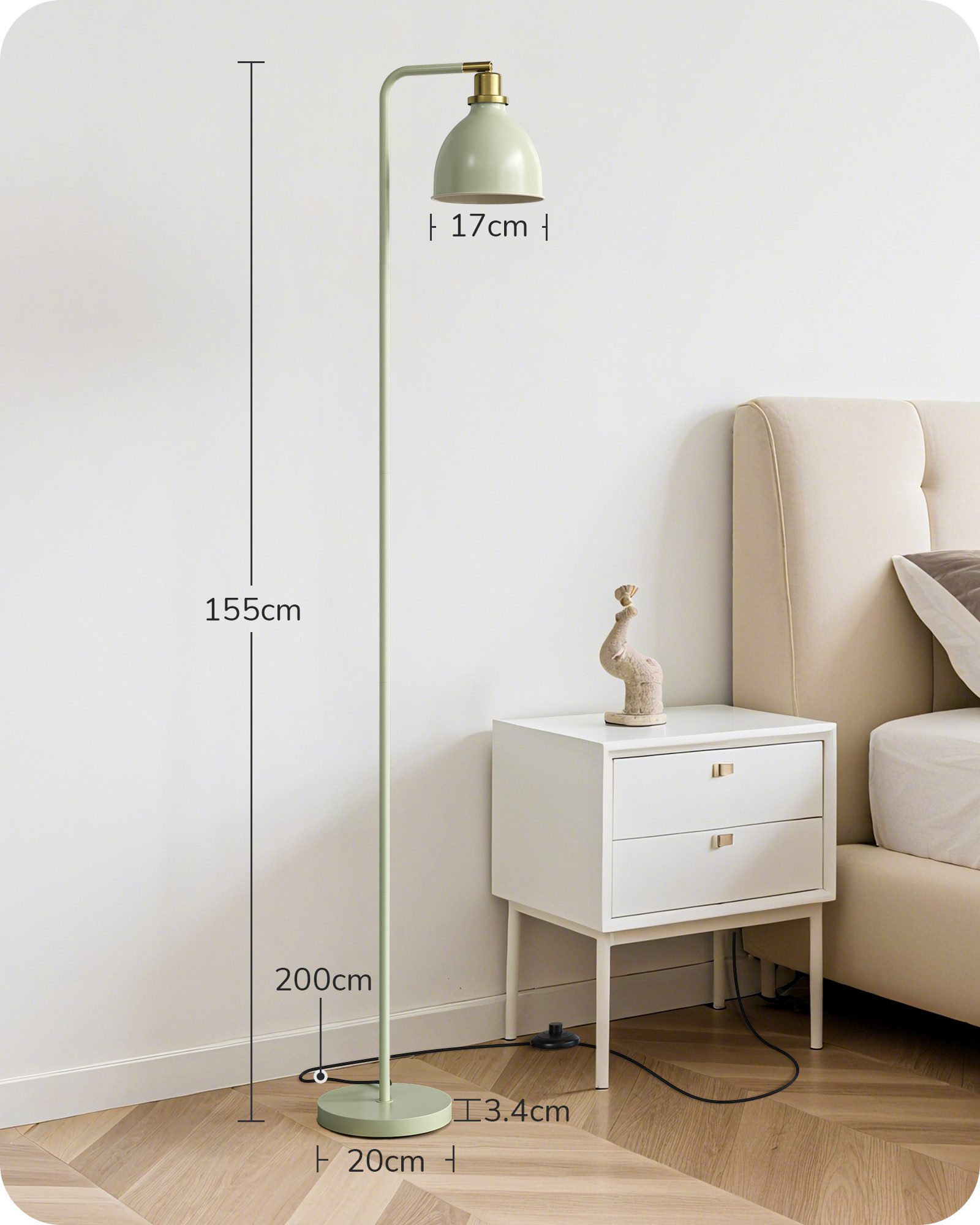 EDISHINE Stehlampe Wohnzimmer, LED wechselbar, warmweiß, Leselampe für Büro&Arbeitszimmer, grüner Lampenschirm, 155cm