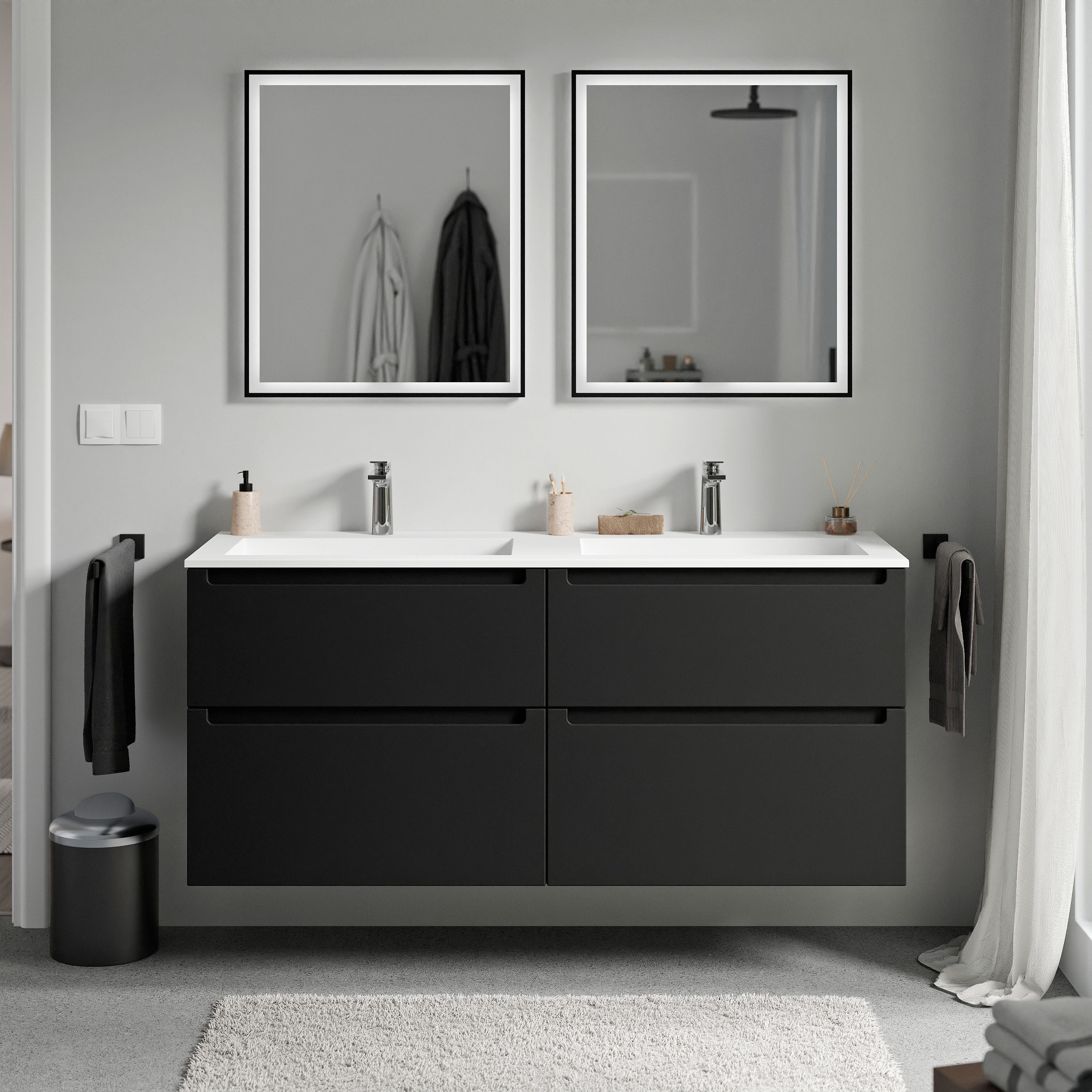 Bernstein Waschbeckenunterschrank VIREO 140cm Schwarz matt BRUXELLES Weiß matt Waschtischunterschrank mit Doppelwaschbecken 4 Schubladen