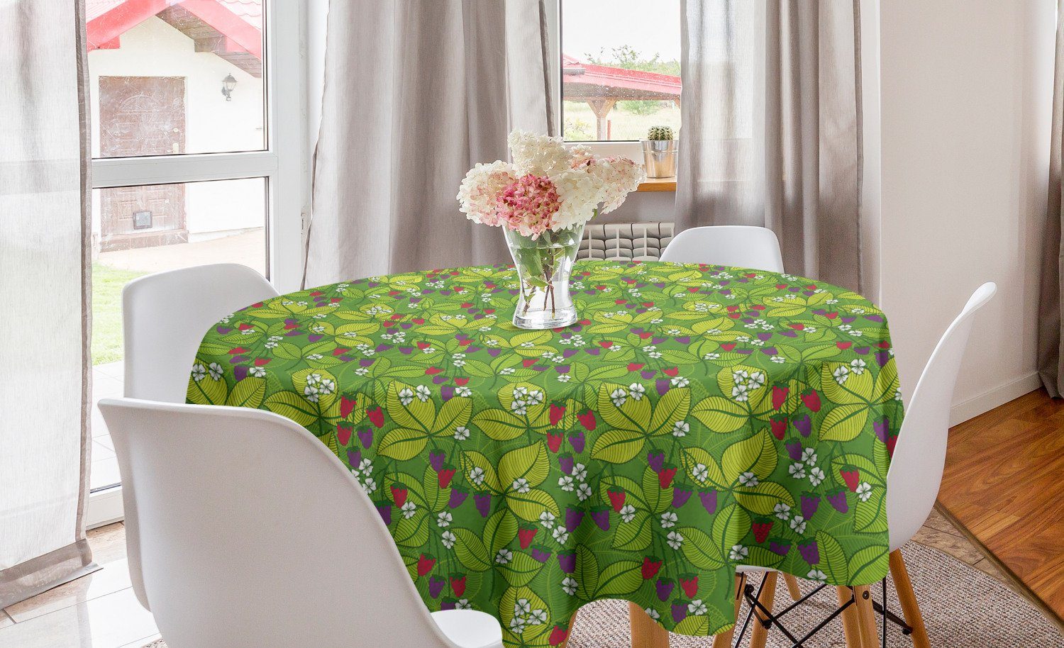 Abakuhaus Tischdecke Kreis Tischdecke Abdeckung für Esszimmer Küche Dekoration, Blumen Beeren Blätter und Blumen