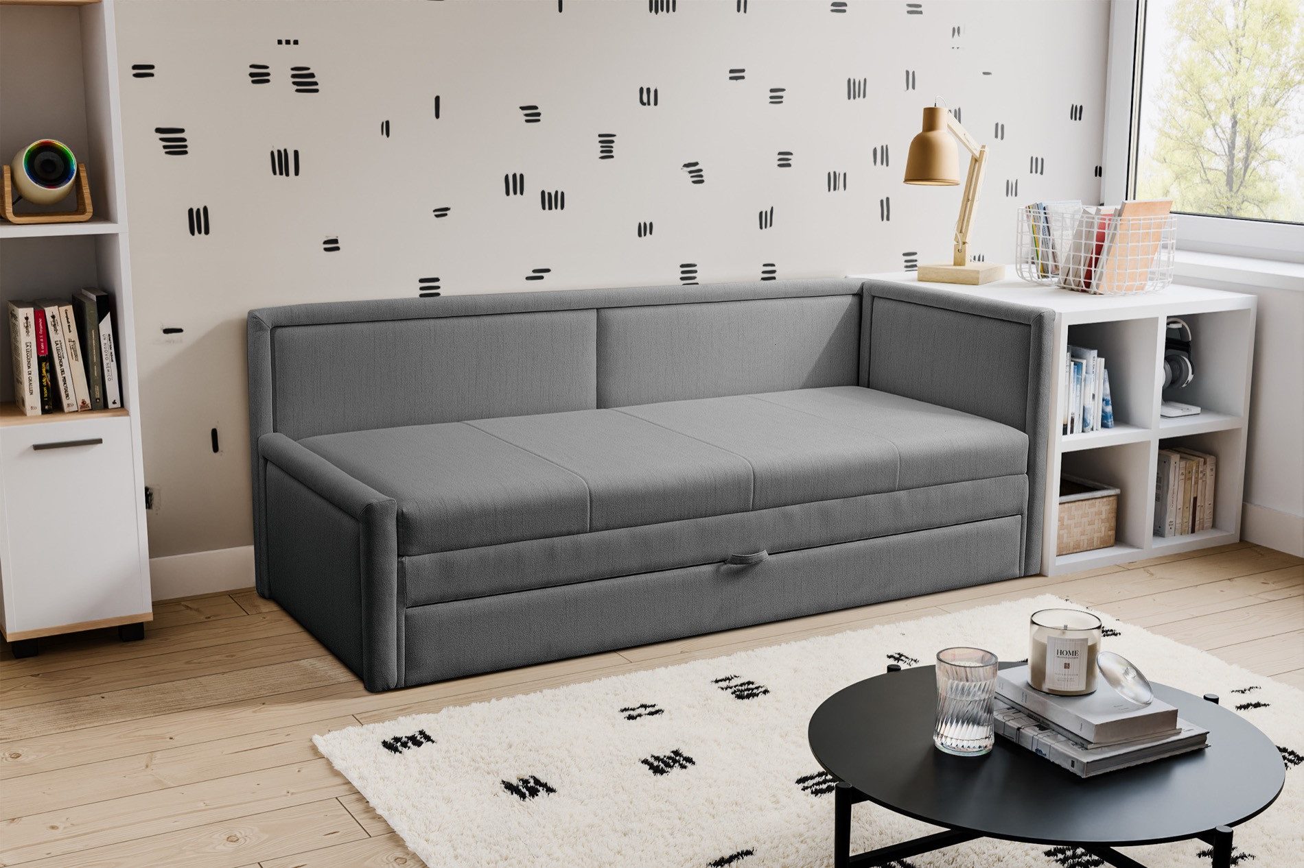 Selsey Jugendbett CAPRILI, Gepolstertes Jugendbett mit Ausziehfunktion, Matratze und Bettkasten