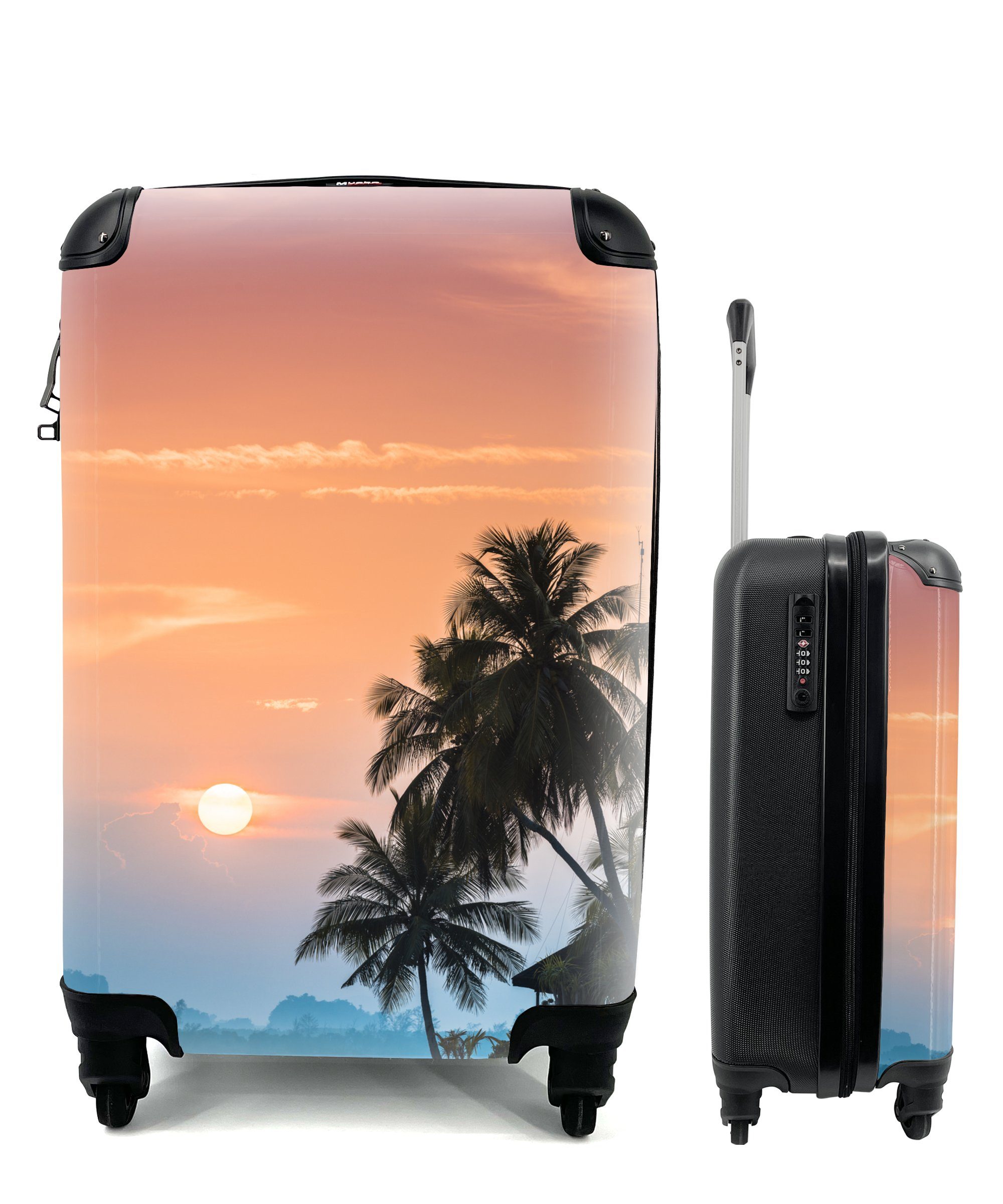 MuchoWow Handgepäckkoffer Sonnenuntergang auf einer Insel mit der Silhouette von Palmen, 4 Rollen, Reisetasche mit rollen, Handgepäck für Ferien, Trolley, Reisekoffer