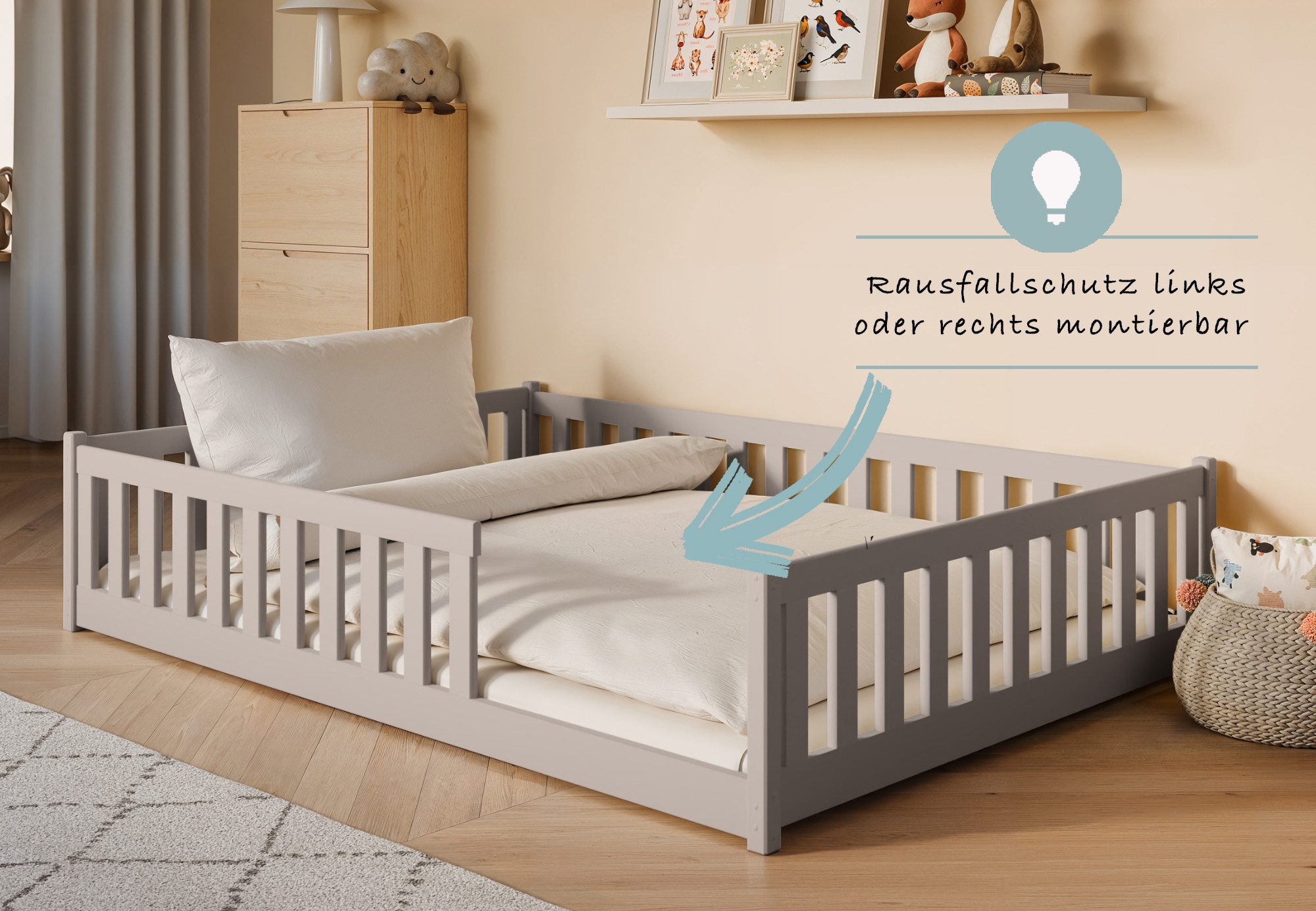 Kids Collective Kinderbett Bodenbett Bett mit Rausfallschutz & Lattenrost Montessori Bett Kinder (Jungen, Mädchen, Kinder, weitere Größen 80x160, 80x180, 90x190 – Bild 4 von 5