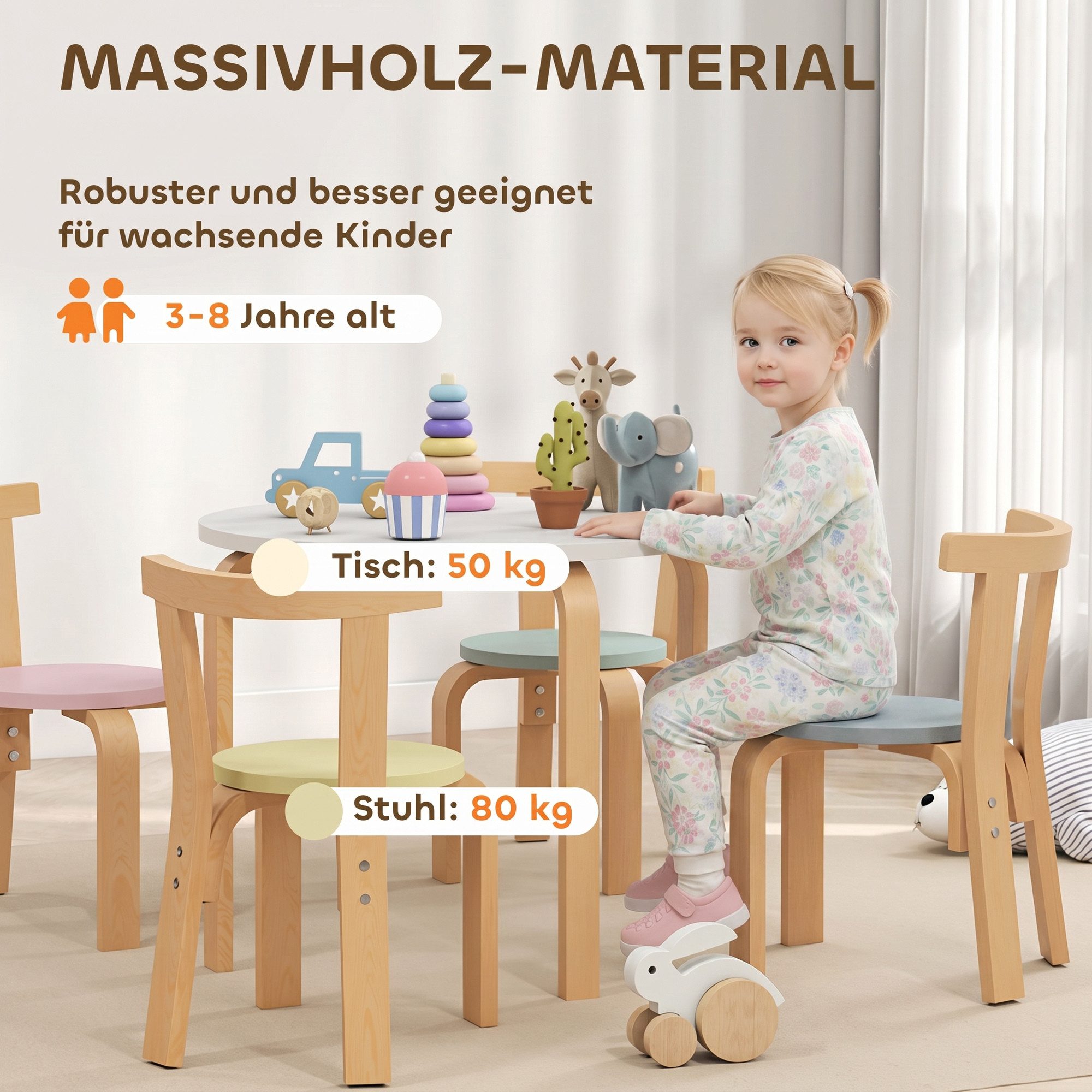 AIYAPLAY Kindersitzgruppe Kindertisch mit 4 Stühlen Sitzgruppe für Kinderzimmer, Holz, (Kindermöbel, 5-tlg., 5-teiliges Set mit Tisch und Stühlen), für Kinder v – Bild 4 von 5