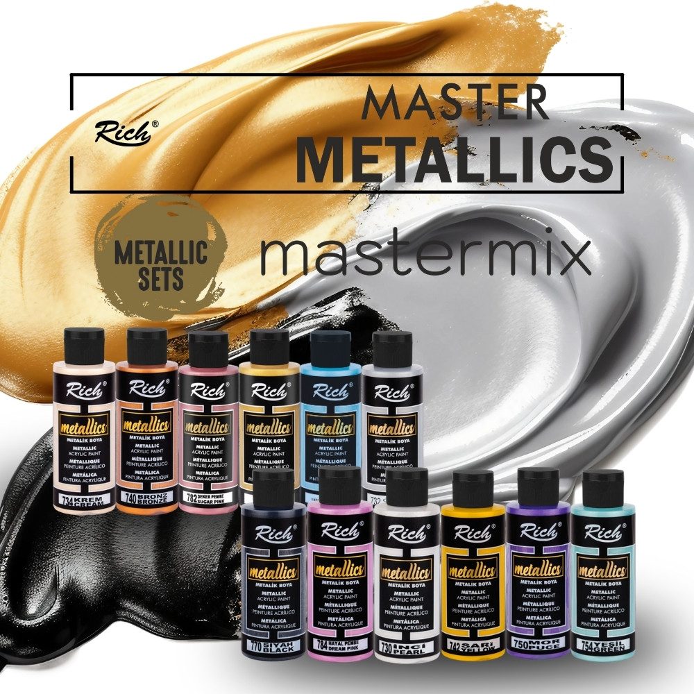 RICH Acrylfarbe RICH MASTERMIX Metallic Acrylfarben-Set 12 Farben - 60 ml, Intensive Deckkraft, geeignet für Künstler jeder Erfahrungsstufe
