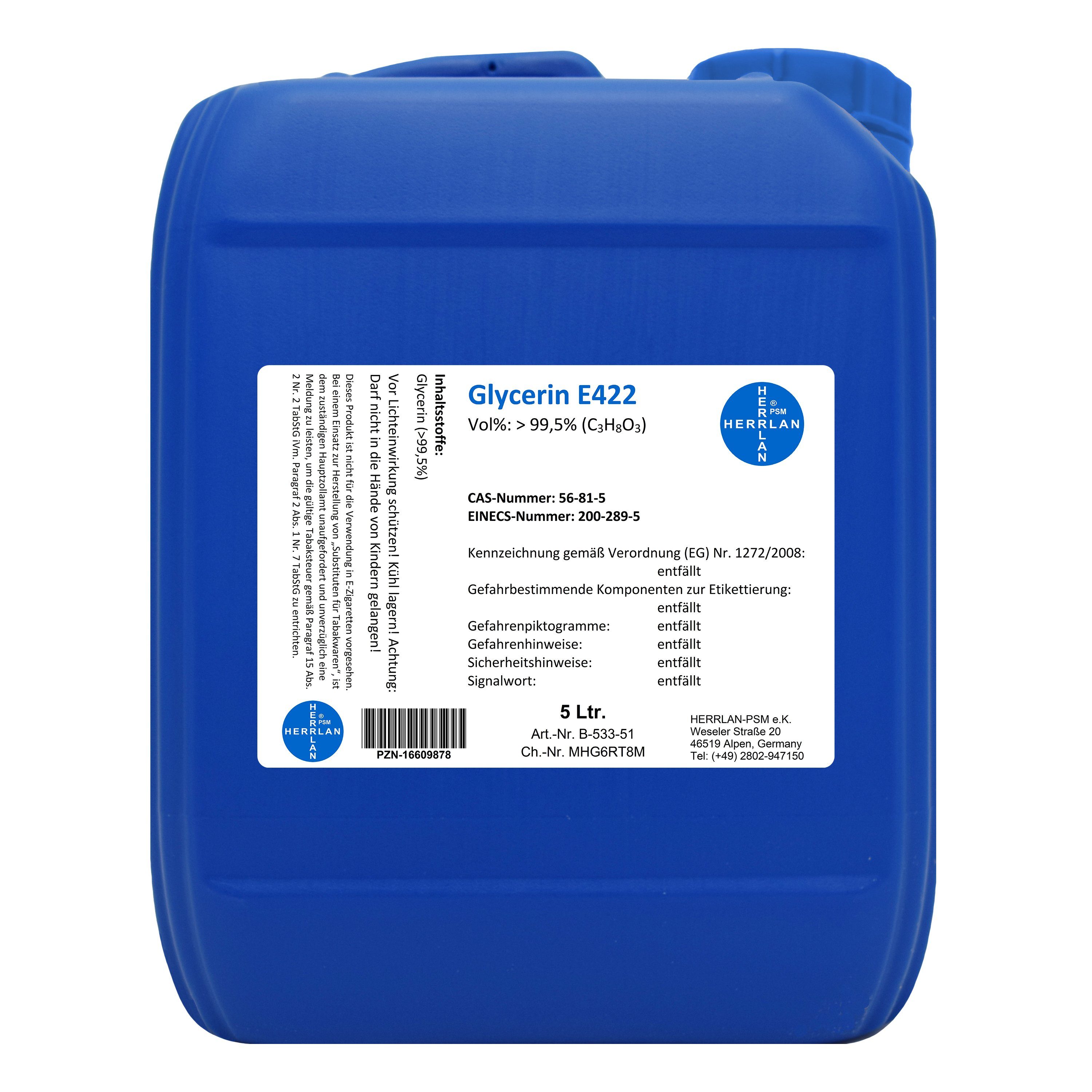 HERRLAN Rohseife Glycerin E422 - 99,5% - Pur VG zum Vorteilspreis, 5 Liter - Made in Germany