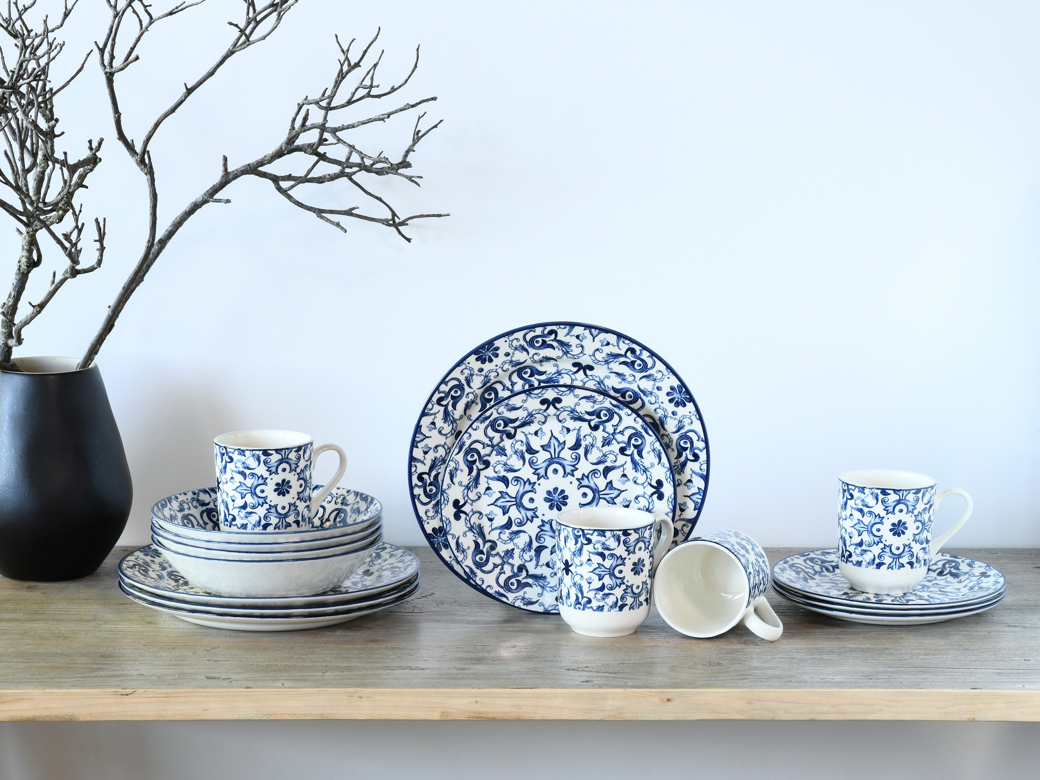 CreaTable Kombiservice Fresco Blau, Kombi-Service 16-tlg (16-tlg), 4 Personen, Steingut, Ornamentmotiv, Mediterran
