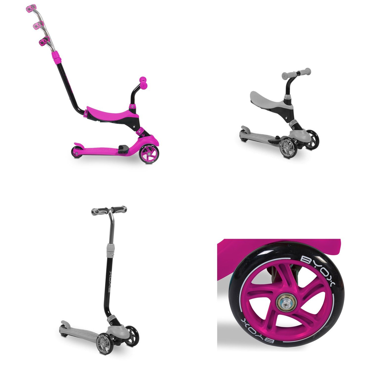 Schiebestange Kinderroller Cityroller Roller PU Rutscher pink in Byox Tristar 1, 3 ABEC-5 Räder