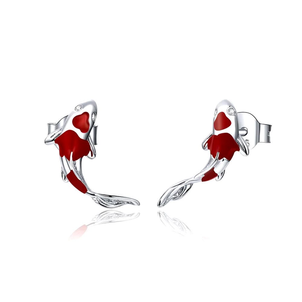 Runde Perlé Paar Ohrstecker kleine moderne Fisch Ohrstecker, rot Koi emailliert, Karpfen Ohrstecker, 925er Silber, 18K Gold, Zirkon