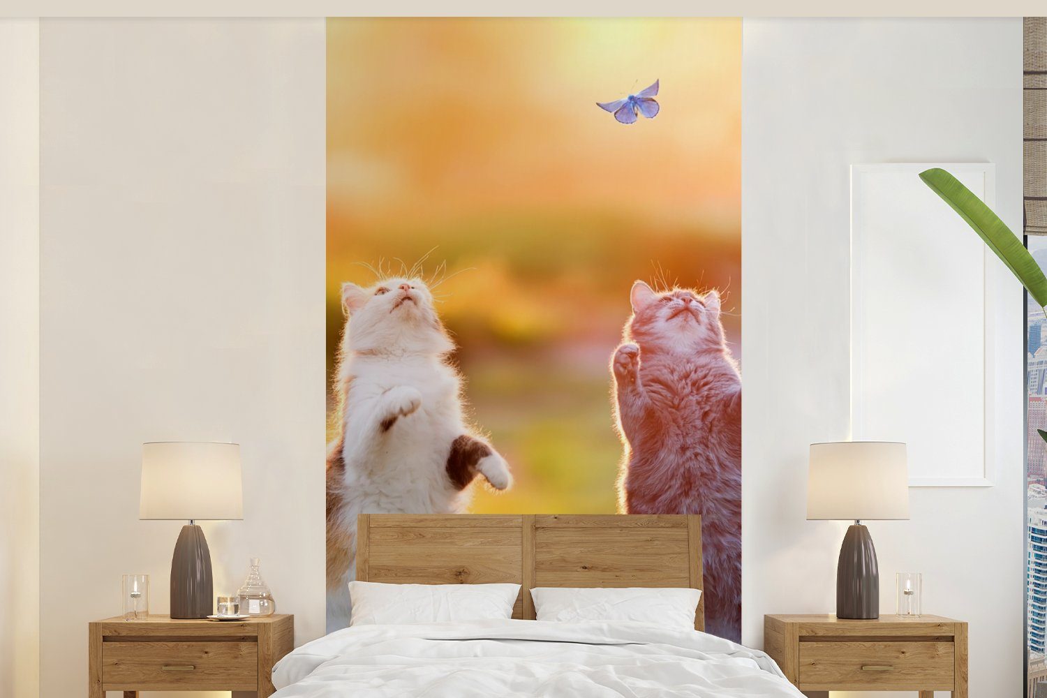 MuchoWow St), Natur, Fototapete - für Fototapete Vliestapete Gras - Matt, bedruckt, Küche, - Schlafzimmer - Sonnenuntergang Katzen Schmetterling Wohnzimmer (2