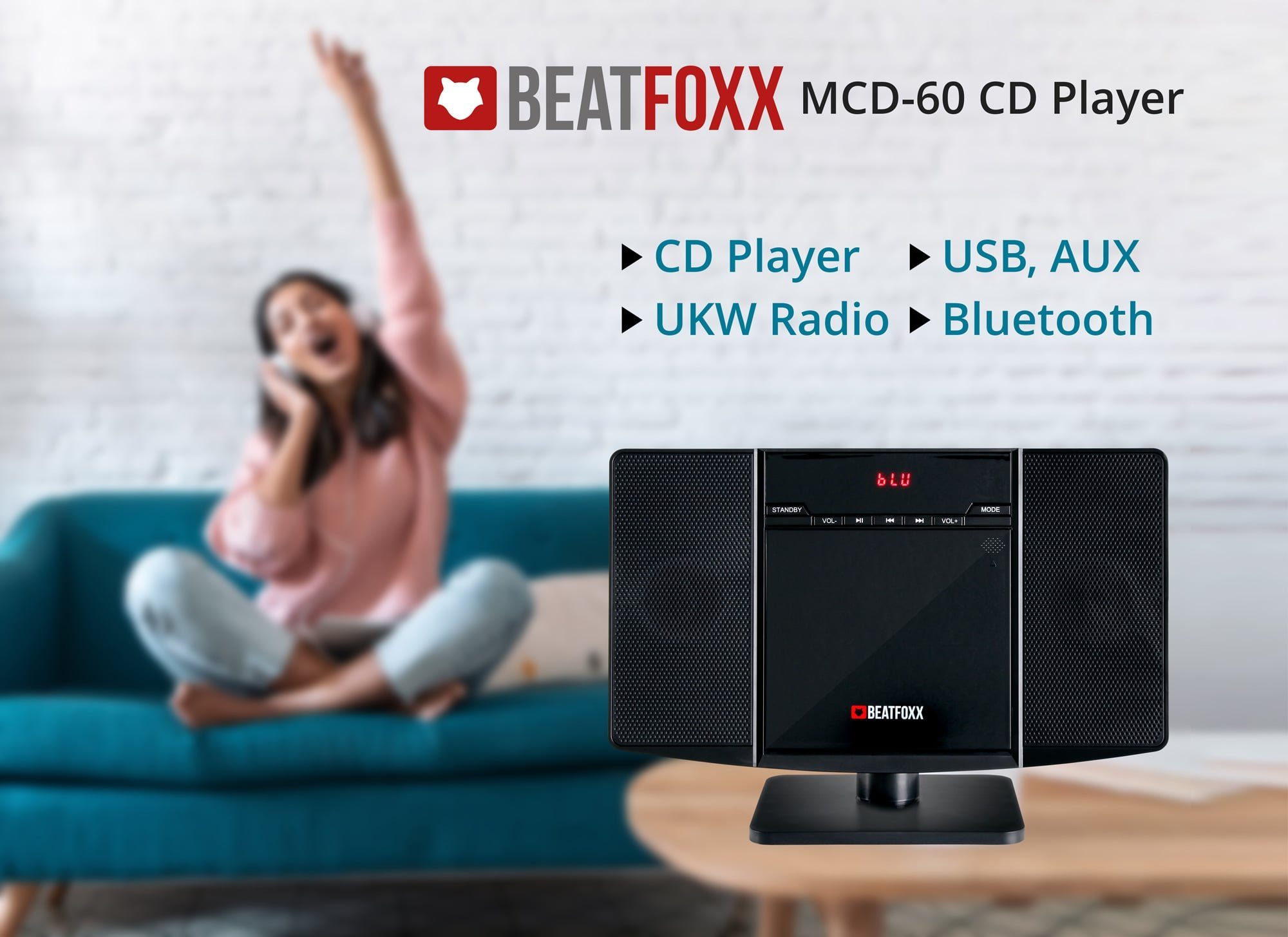 Beatfoxx MCD-60 Vertikal Stereoanlage 6,00 USB-Slot W, mit (UKW/MW-Radio, und Microanlage Bluetooth) CD/MP3-Player