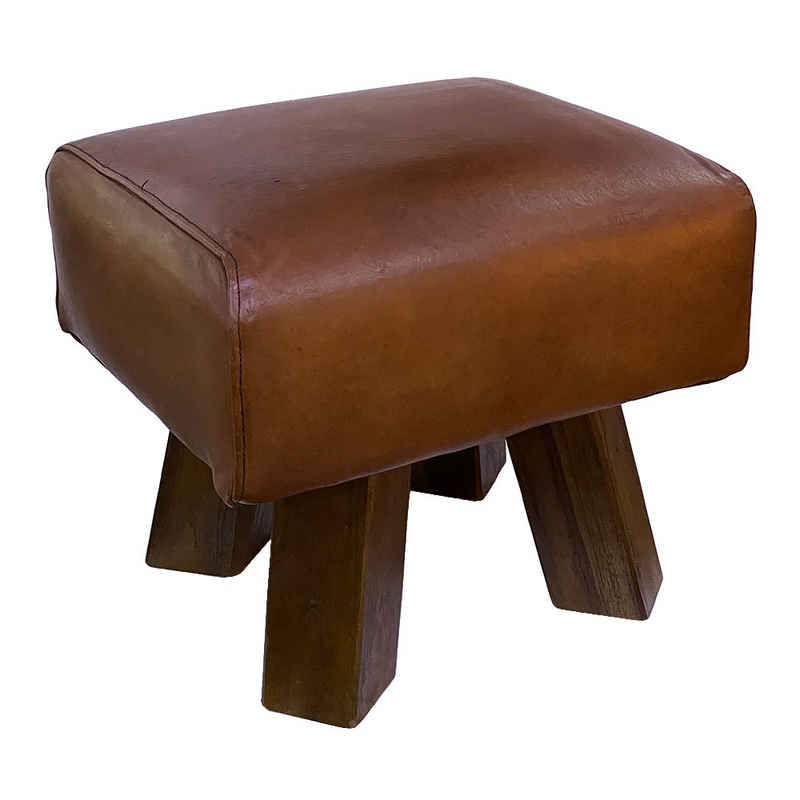 LebensWohnArt Sitzhocker Leder Hocker MAXI-S Cognac ca. L40cm Teak