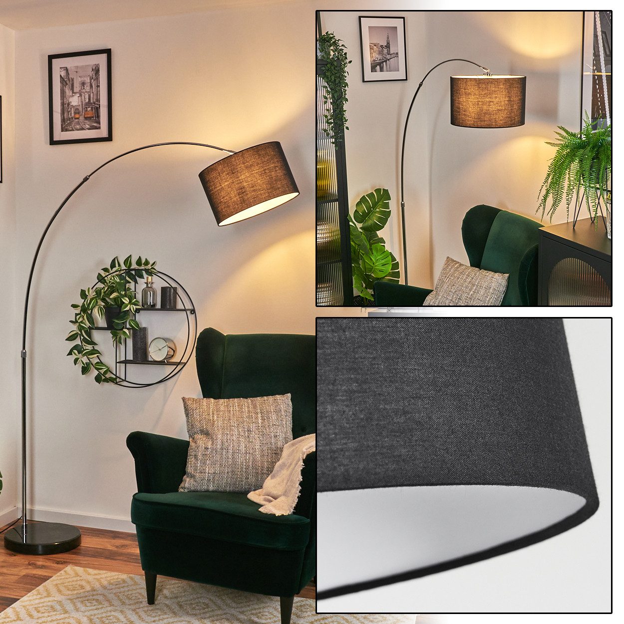 hofstein Bogenlampe Stehlampe mit Marmorfuß aus Metall/Stoff in Schwarz/Chromfarben/Weiß, verstellbare Stehleuchte im modernen Design mit Fußschalter, E27