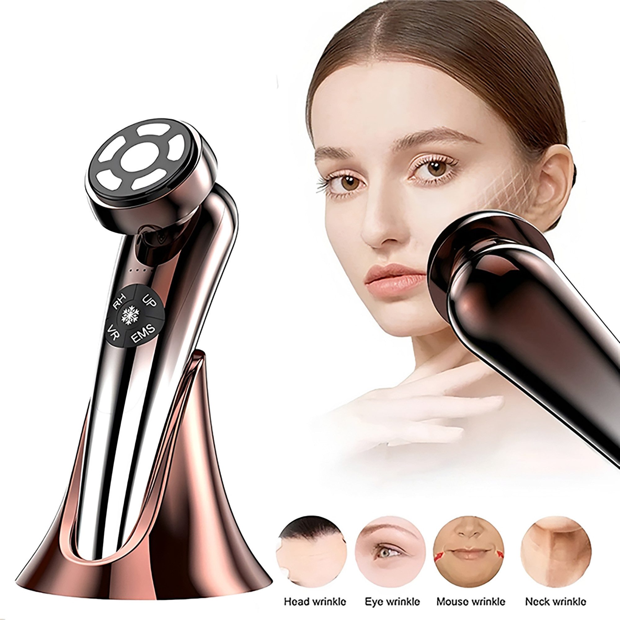 Fyrove Gesichtsmassagegerät 5-in-1 Gesichtsmassagegerät, Jet-Impedanz, 90 kHz RF, EMS, Tri-LED, Heiz/Kühl, professionelle Hautpflege